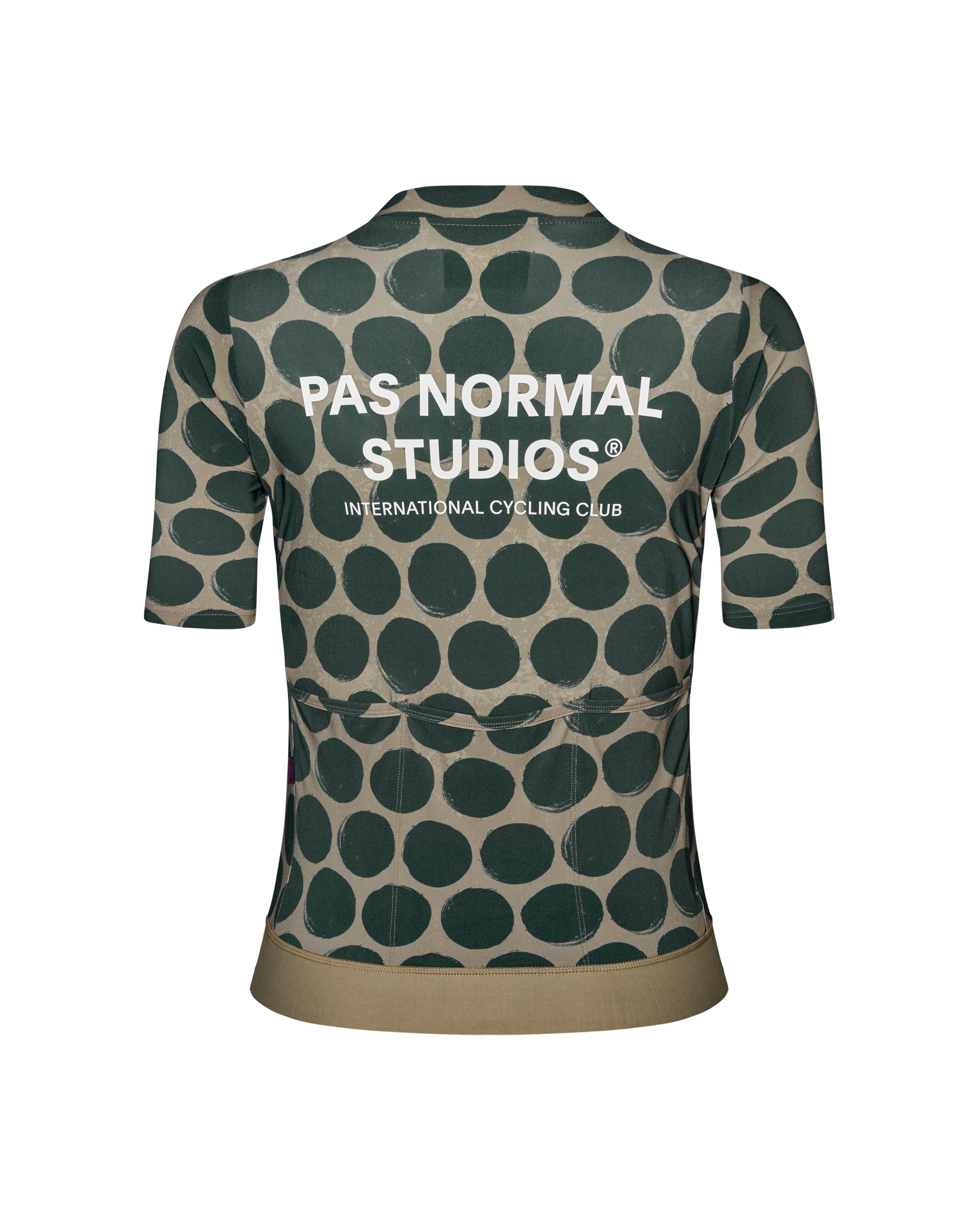 Tan Essential cycling jersey, rear view with green polka dot pattern