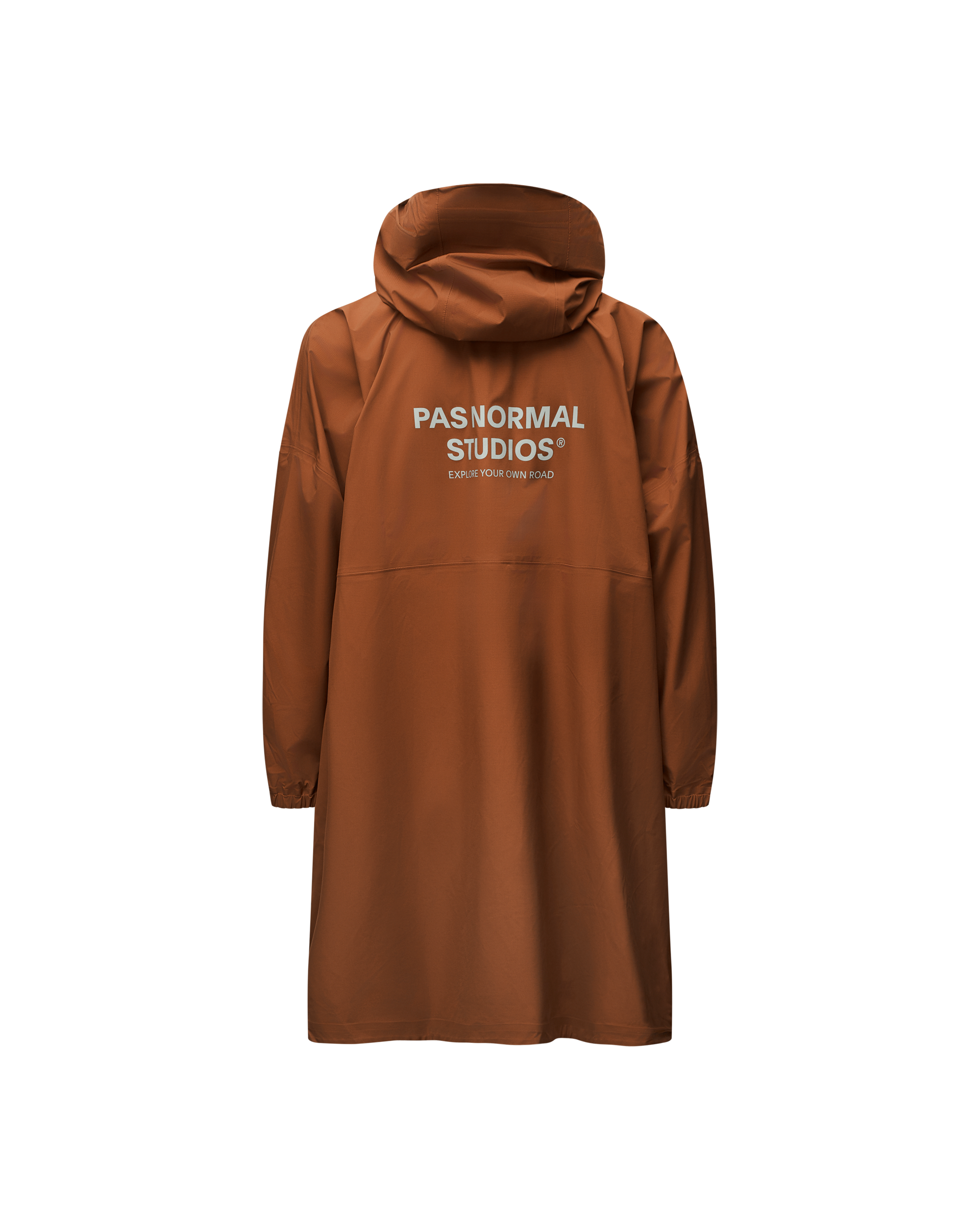 Brown Off-Race 3L Poncho, front view with hood and white chest logo