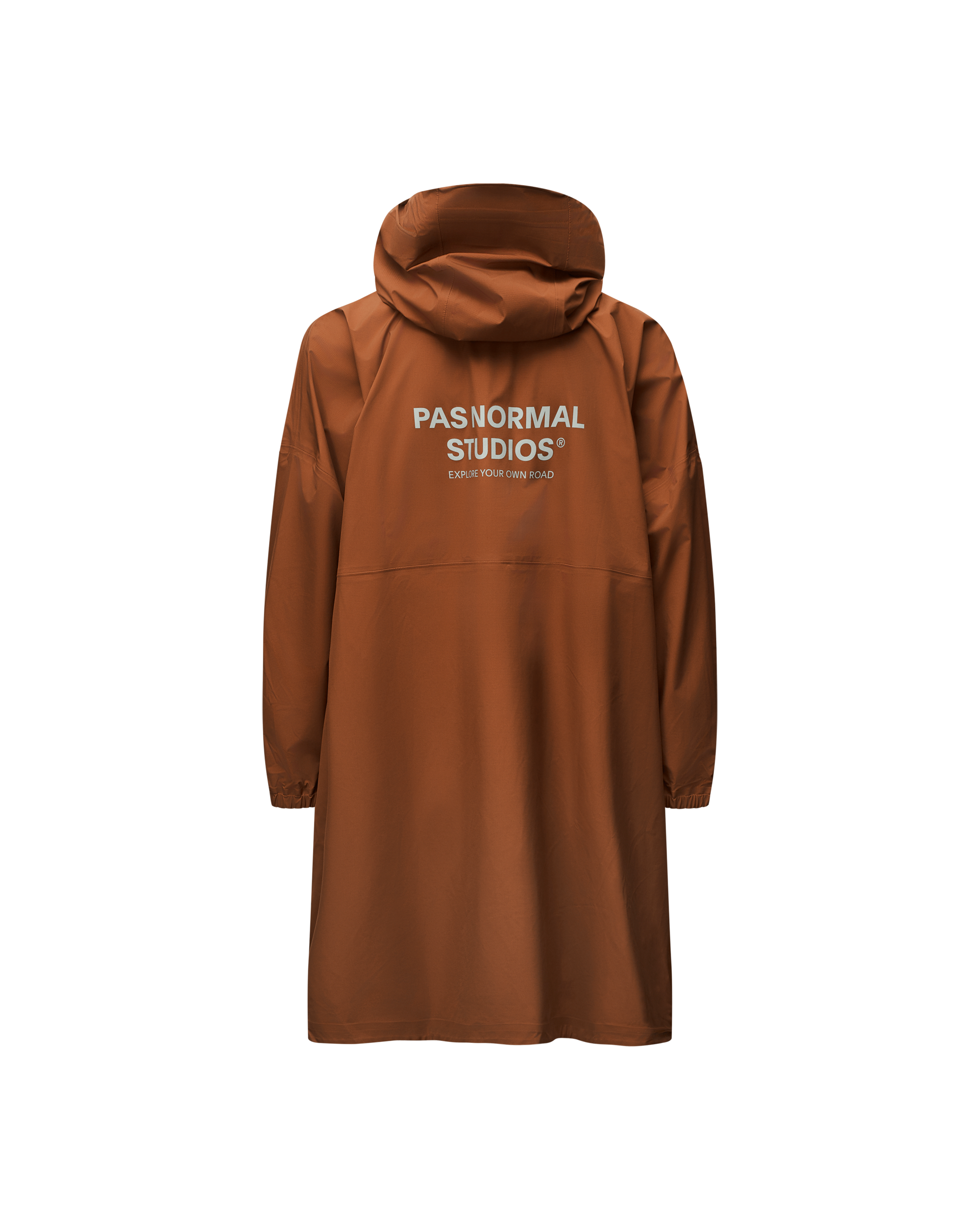 Brown Off-Race 3L Poncho, front view with hood and white chest logo