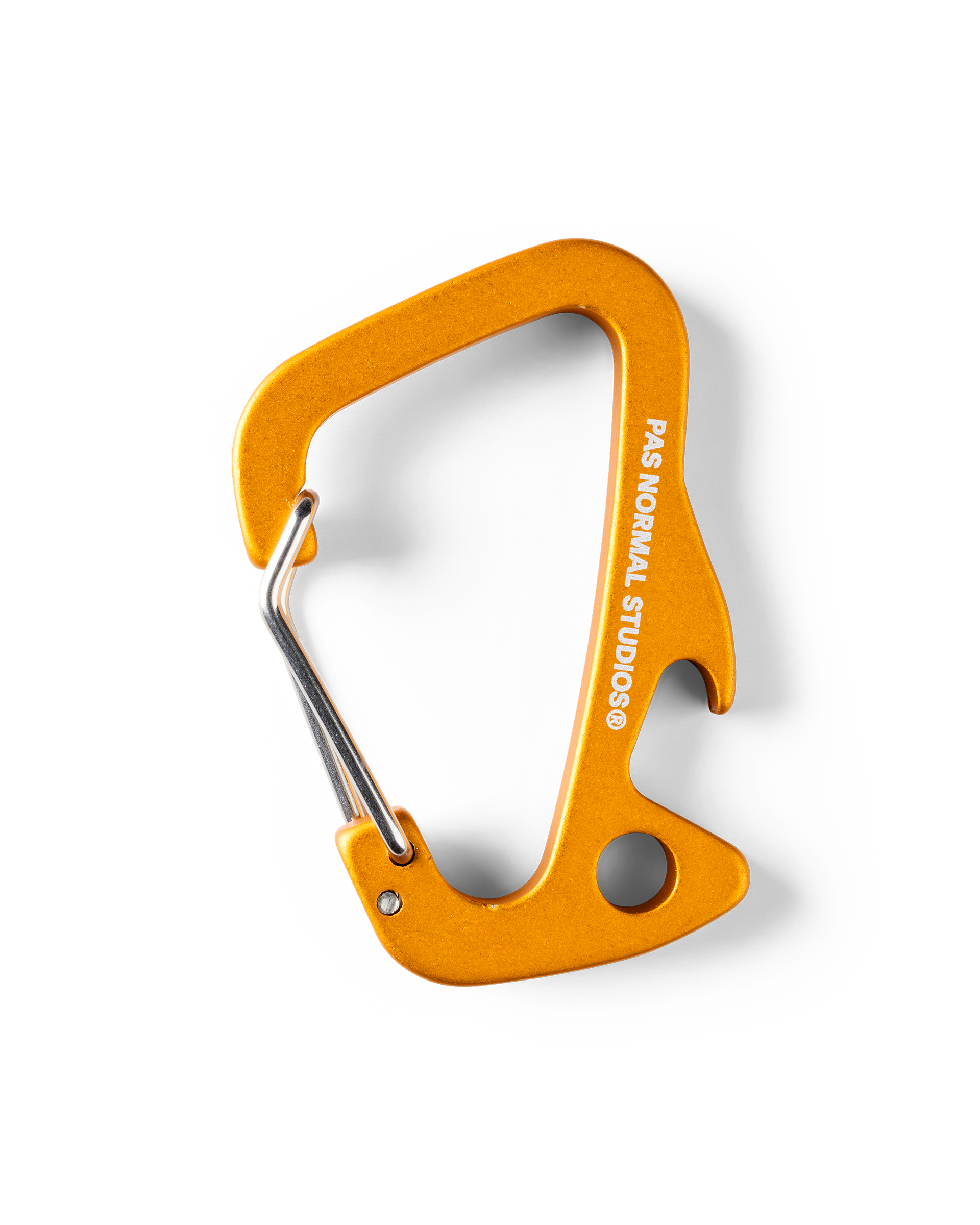 Ochre Off-Race carabiner, angled flat lay with spring gate and bottle opener cutout
