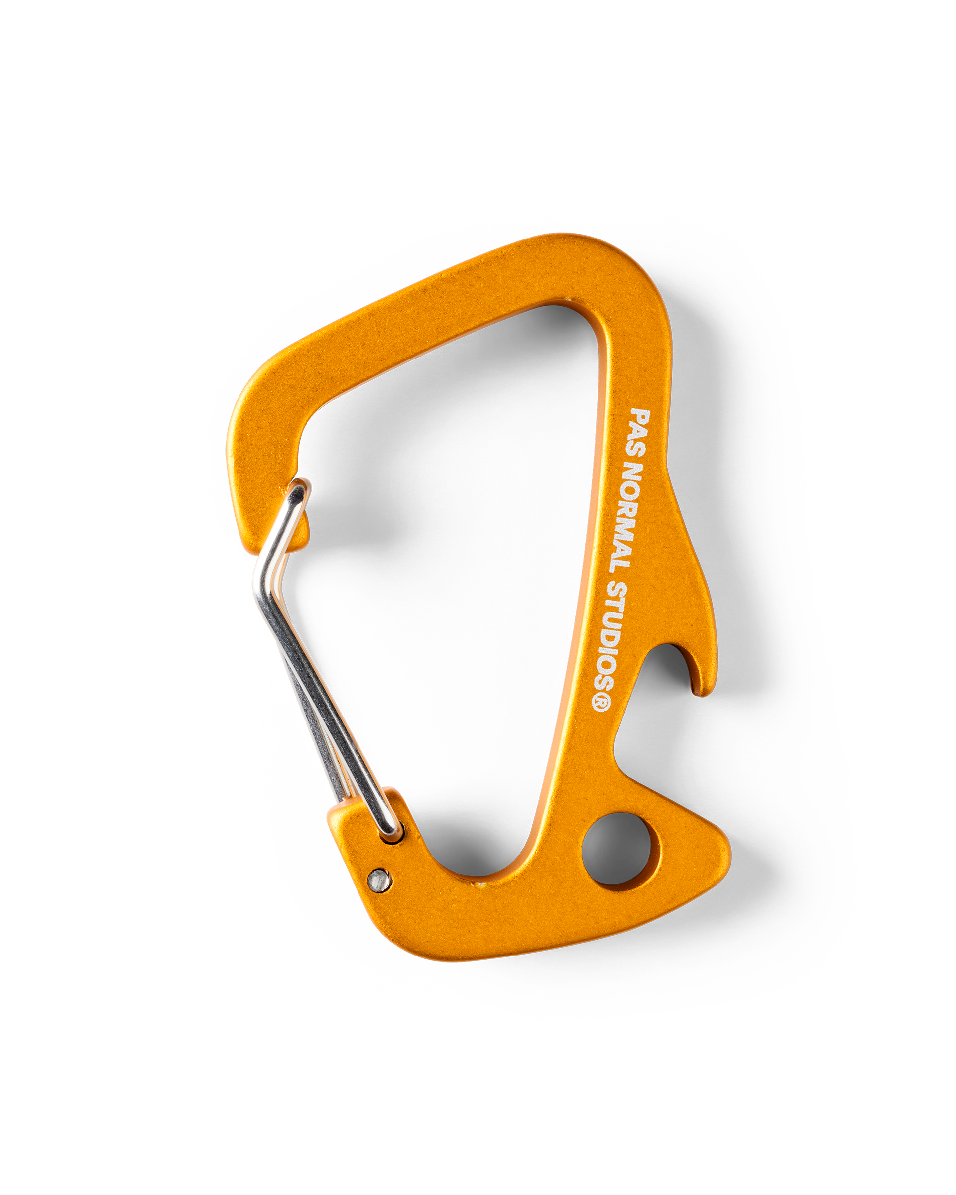 Ochre Off-Race carabiner, angled flat lay with spring gate and bottle opener cutout