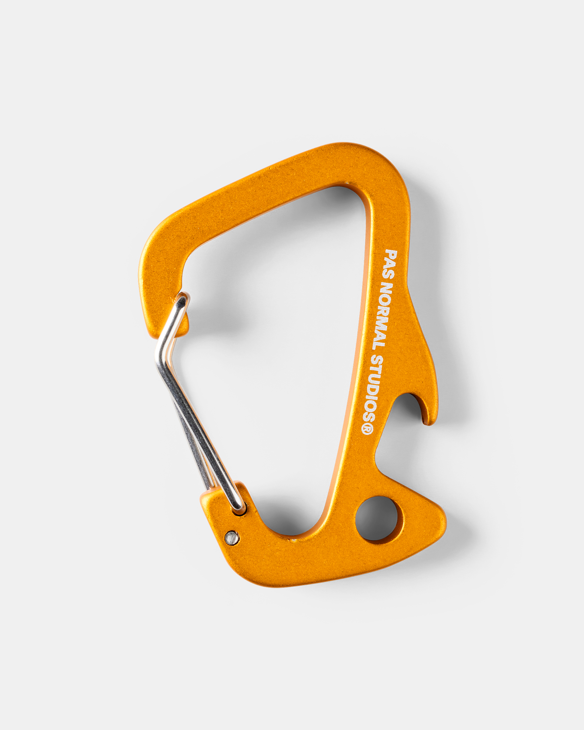 Ochre Off-Race carabiner, angled flat lay with spring gate and bottle opener cutout