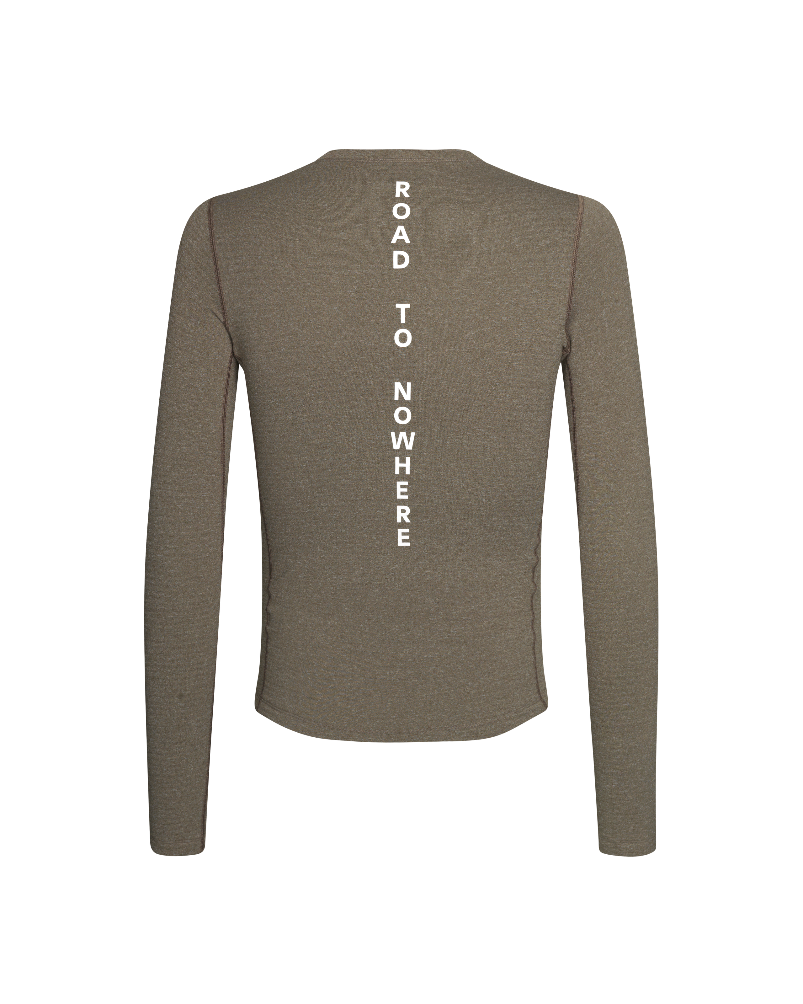Dark Stone Thermal long sleeve base layer, rear view with white ROAD TO NOWHERE spine print