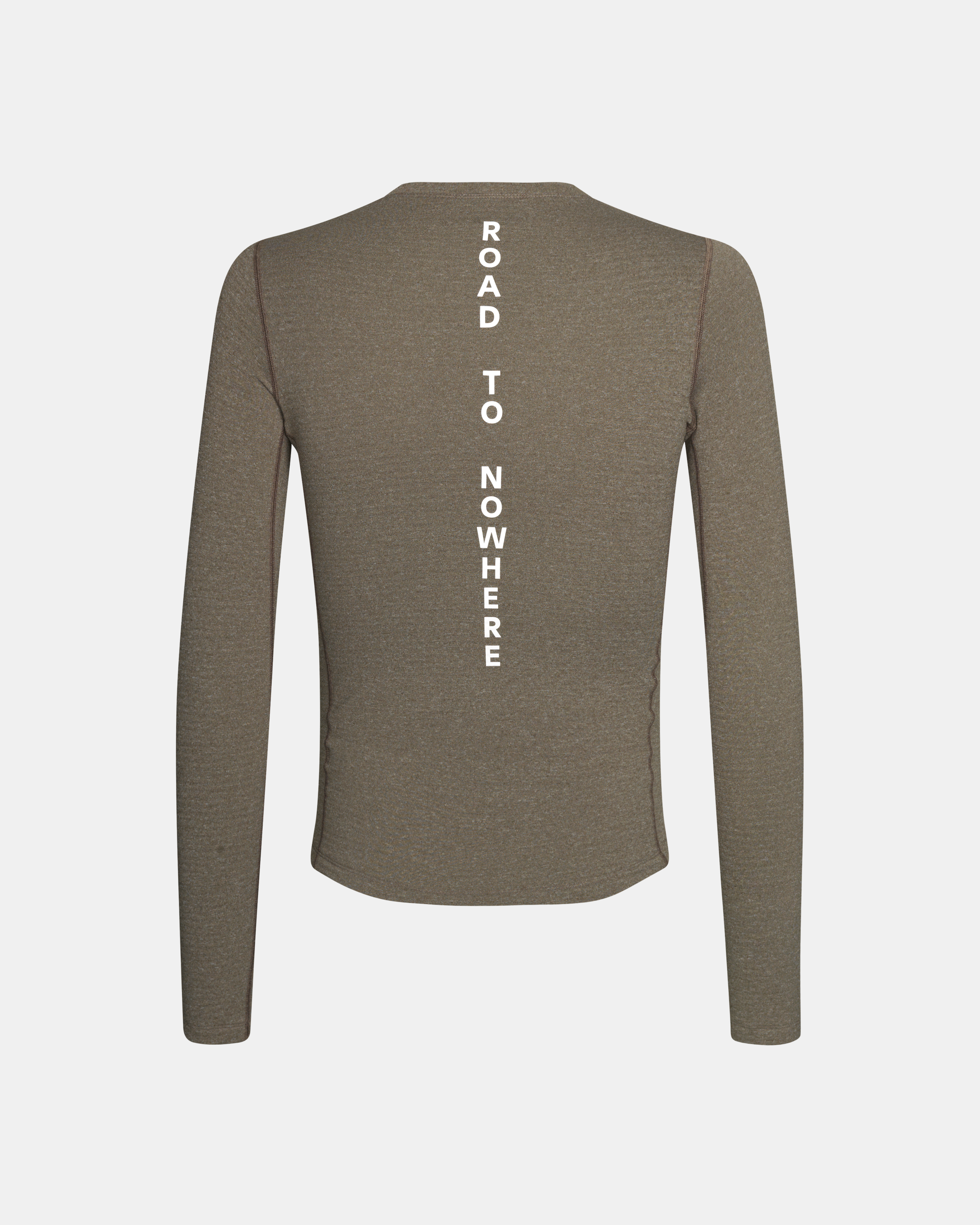 Dark Stone Thermal long sleeve base layer, rear view with white ROAD TO NOWHERE spine print