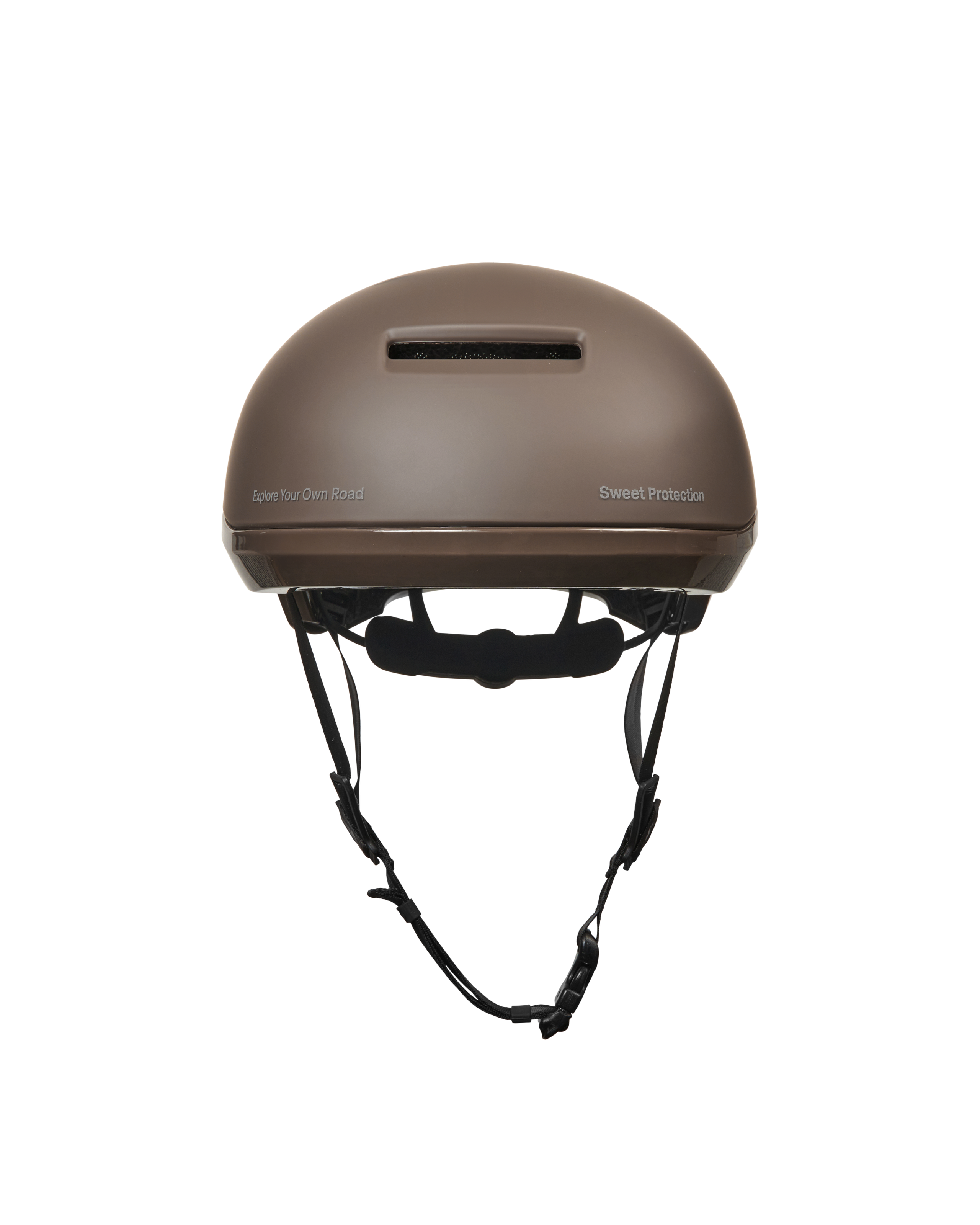 Brown Sweet Protection Commuter Mips cycling helmet, front view with ventilation slot and adjustment system