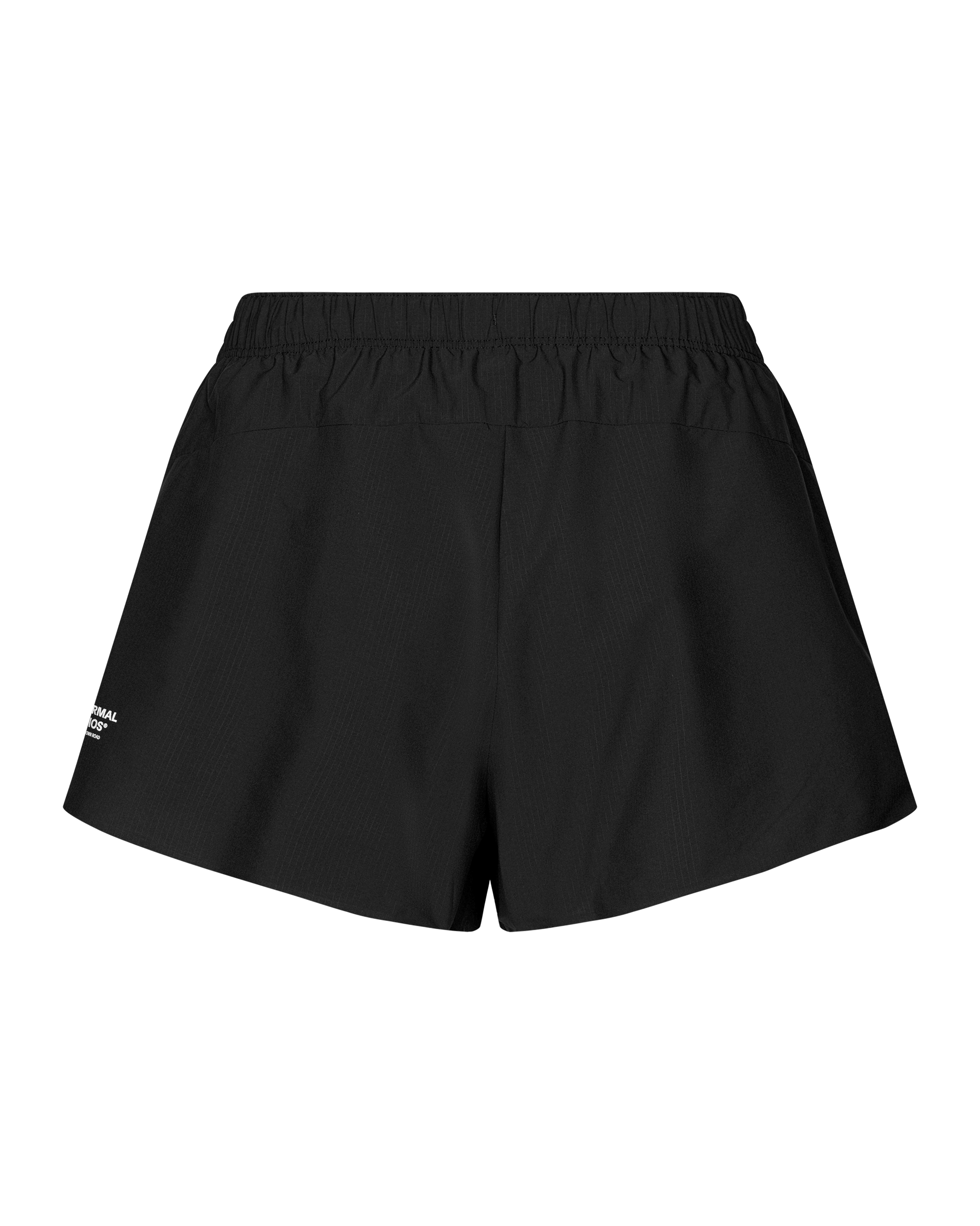 Black Balance women's shorts, rear flat lay with elastic waistband and small logo print