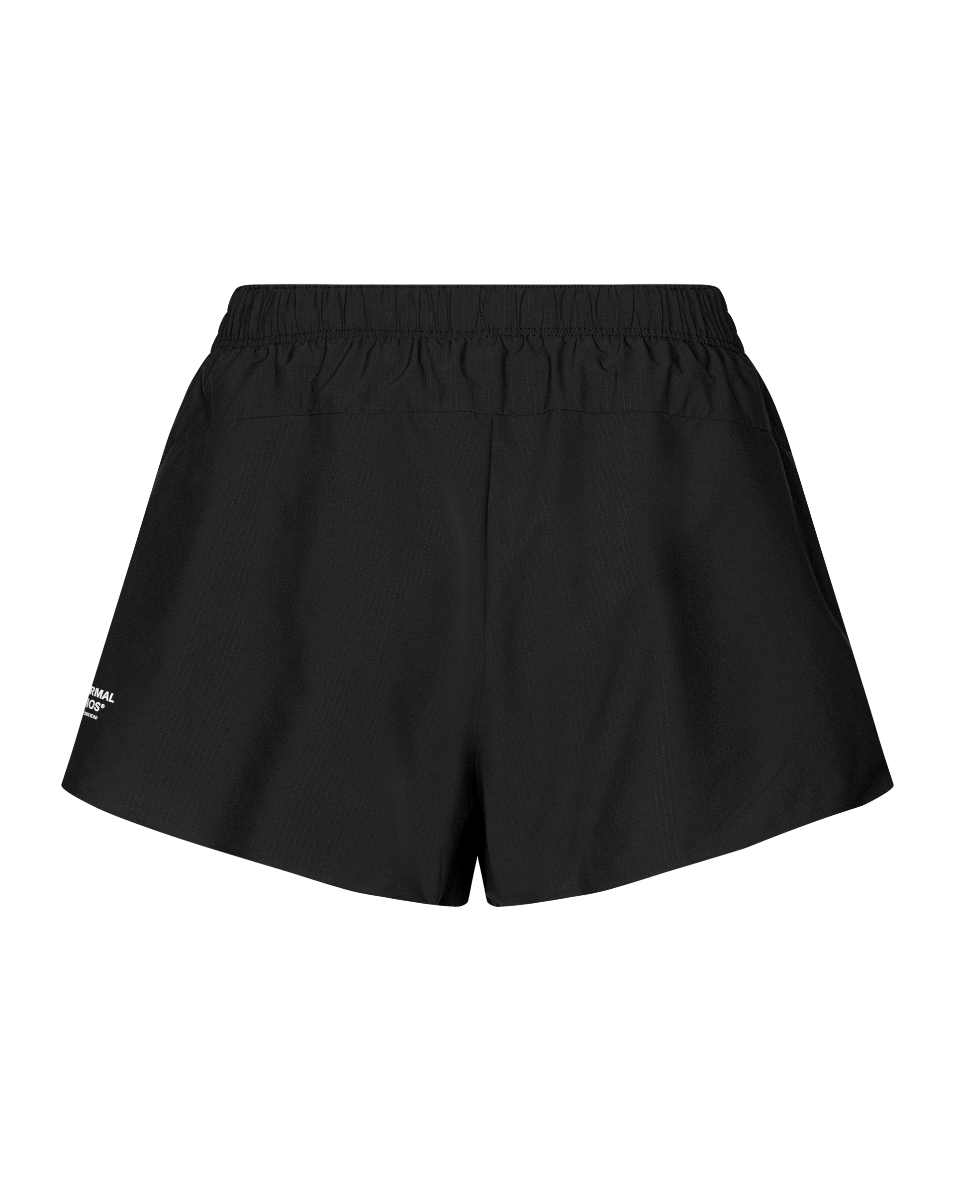 Black Balance women's shorts, rear flat lay with elastic waistband and small logo print