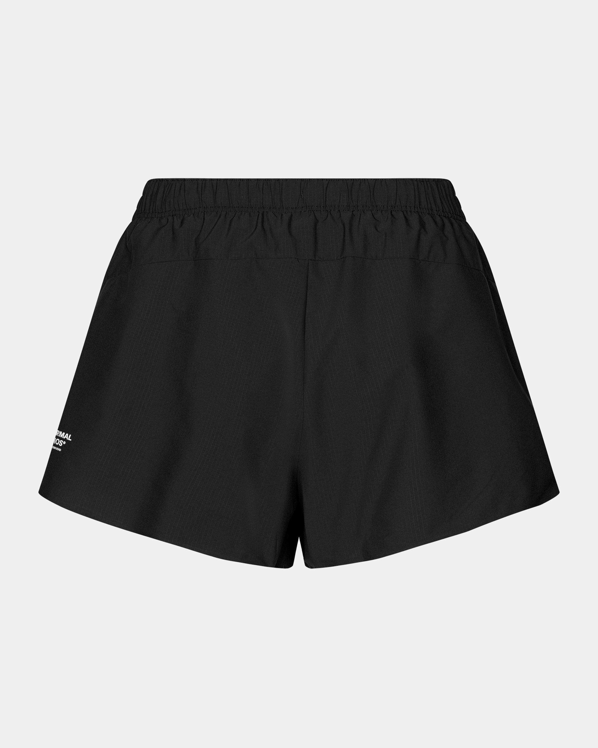 Black Balance women's shorts, rear flat lay with elastic waistband and small logo print