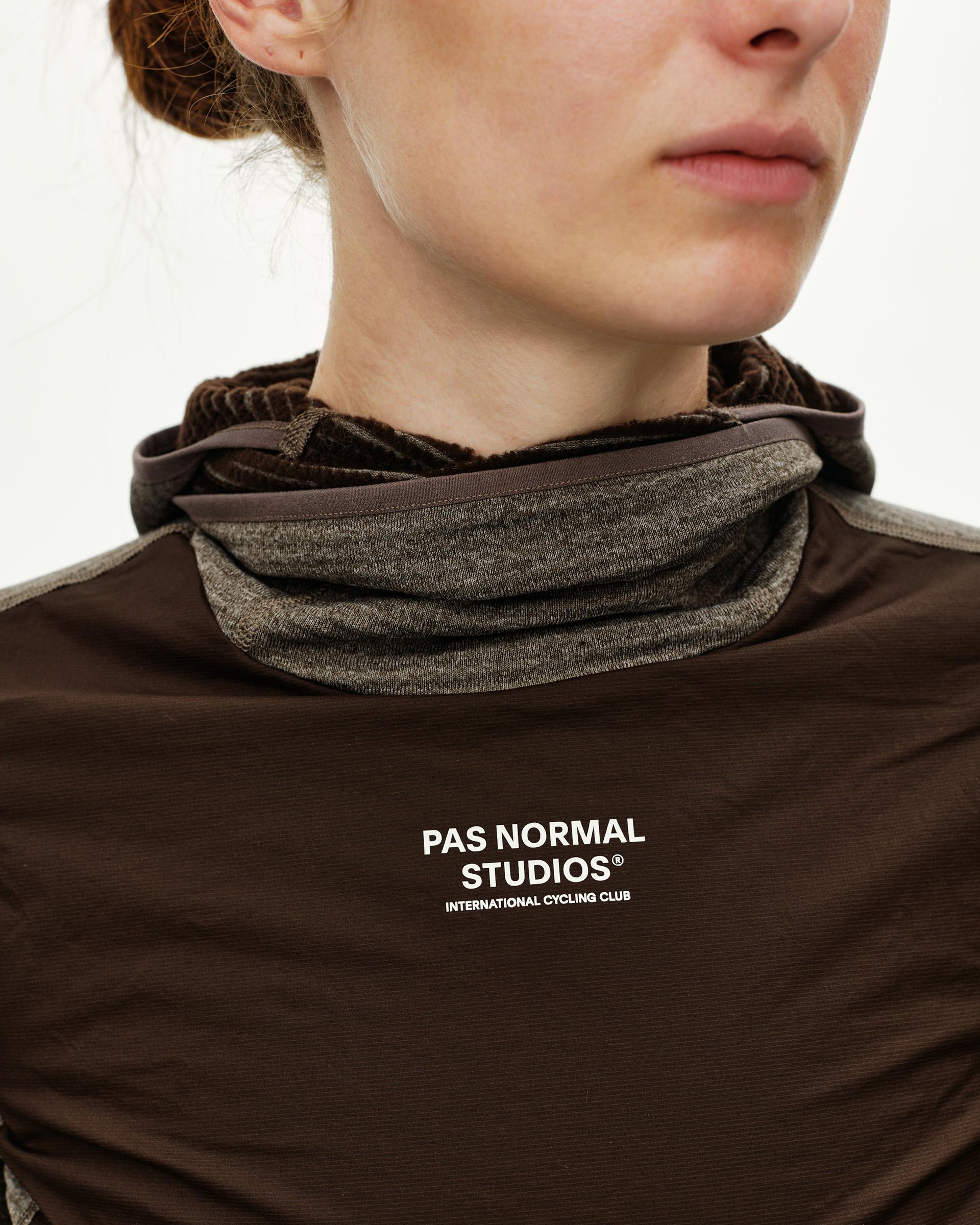 Dark Coffee brown women's thermal hooded windproof cycling base layer, front detail on model with neck gaiter raised