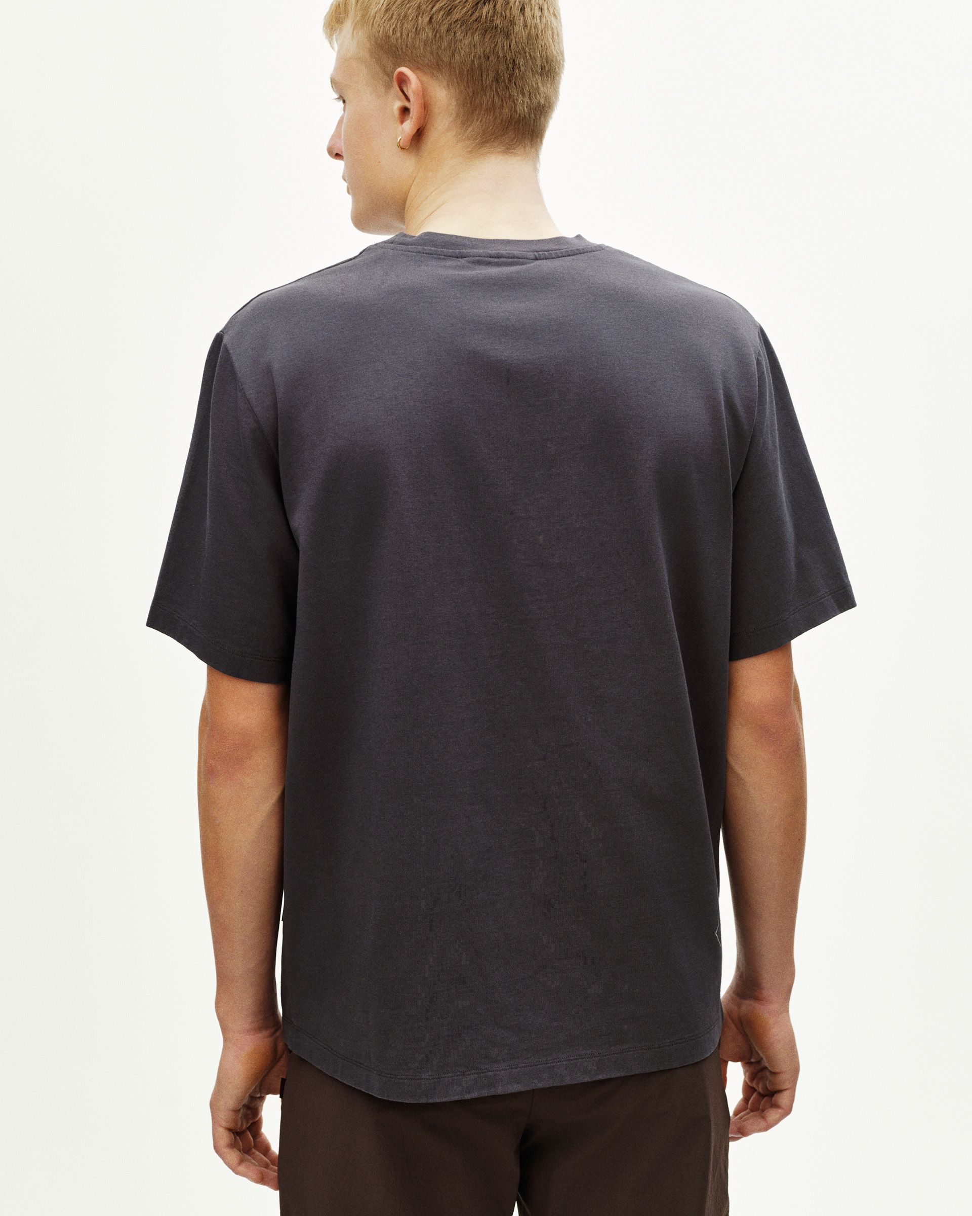 Grey Off-Race t-shirt, rear view on model with relaxed fit