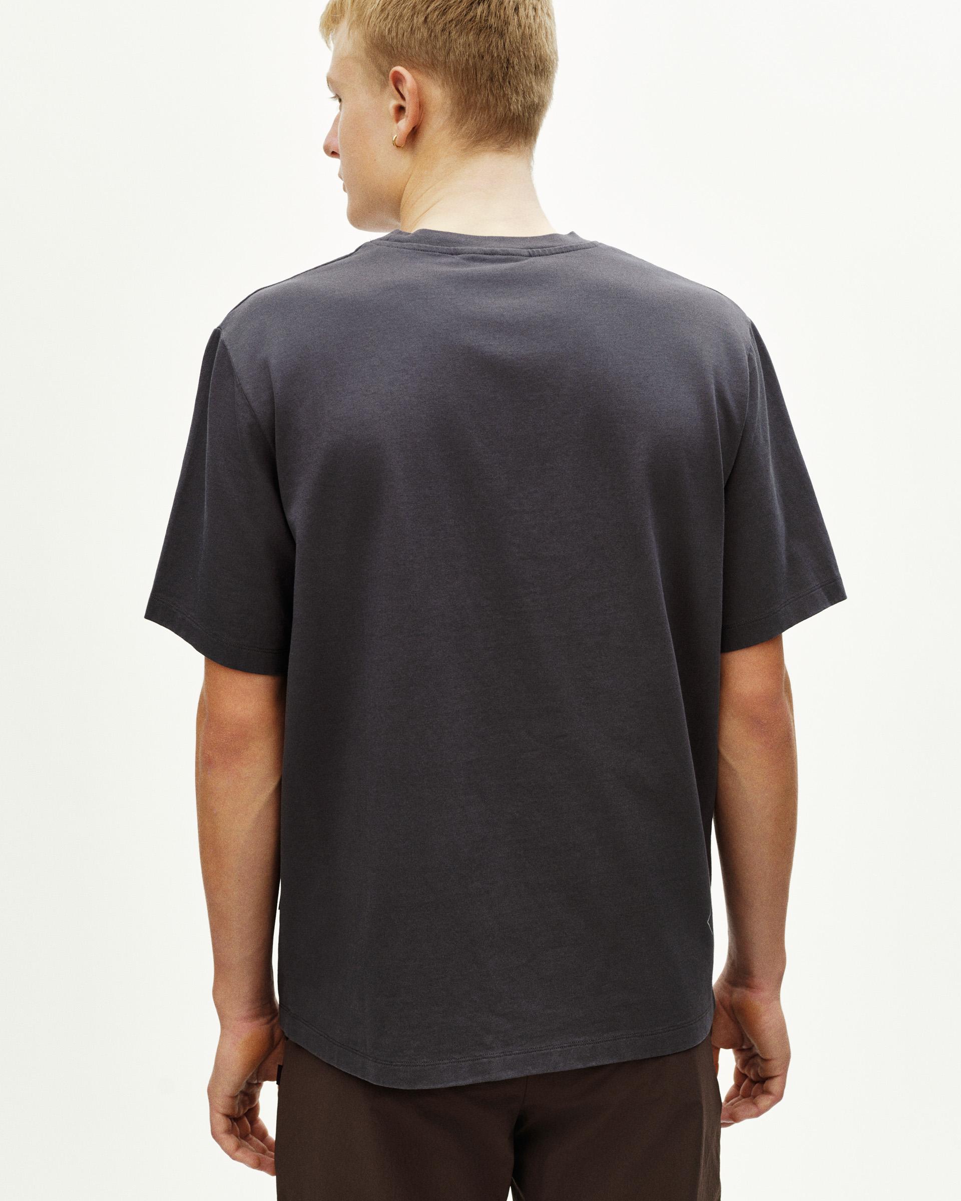 Grey Off-Race t-shirt, rear view on model with relaxed fit