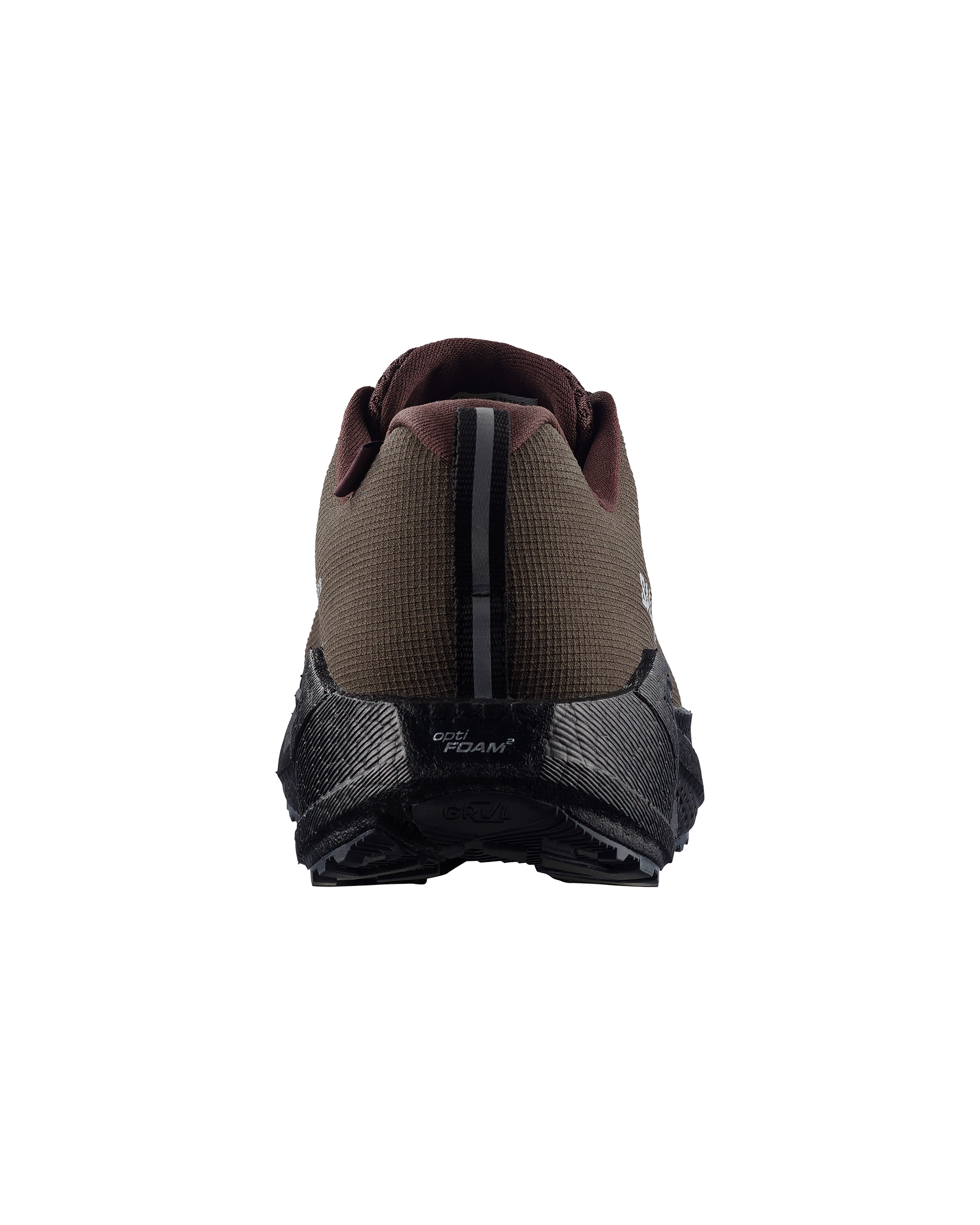 Light Brown Salomon AERO BLAZE 4 GRVL GTX trail shoe, rear view with black lugged outsole