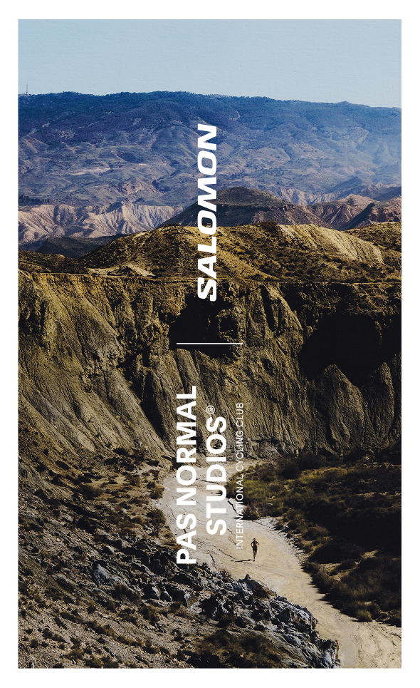 Cyclist on desert trail through rocky canyon landscape with overlaid branding text