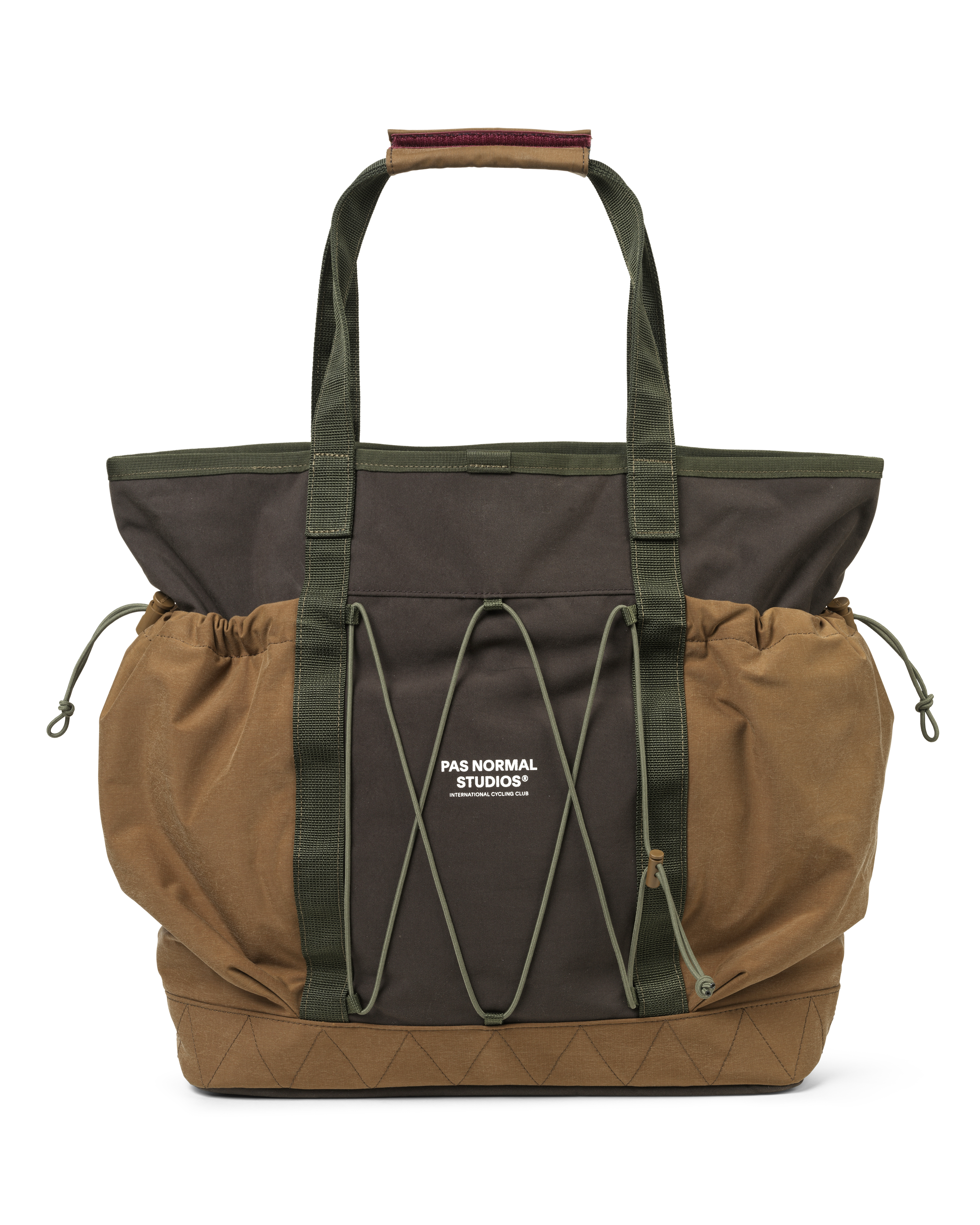 Light Brown Porter-Yoshida tote bag, front view with dark brown panel, olive straps, and bungee cord lacing