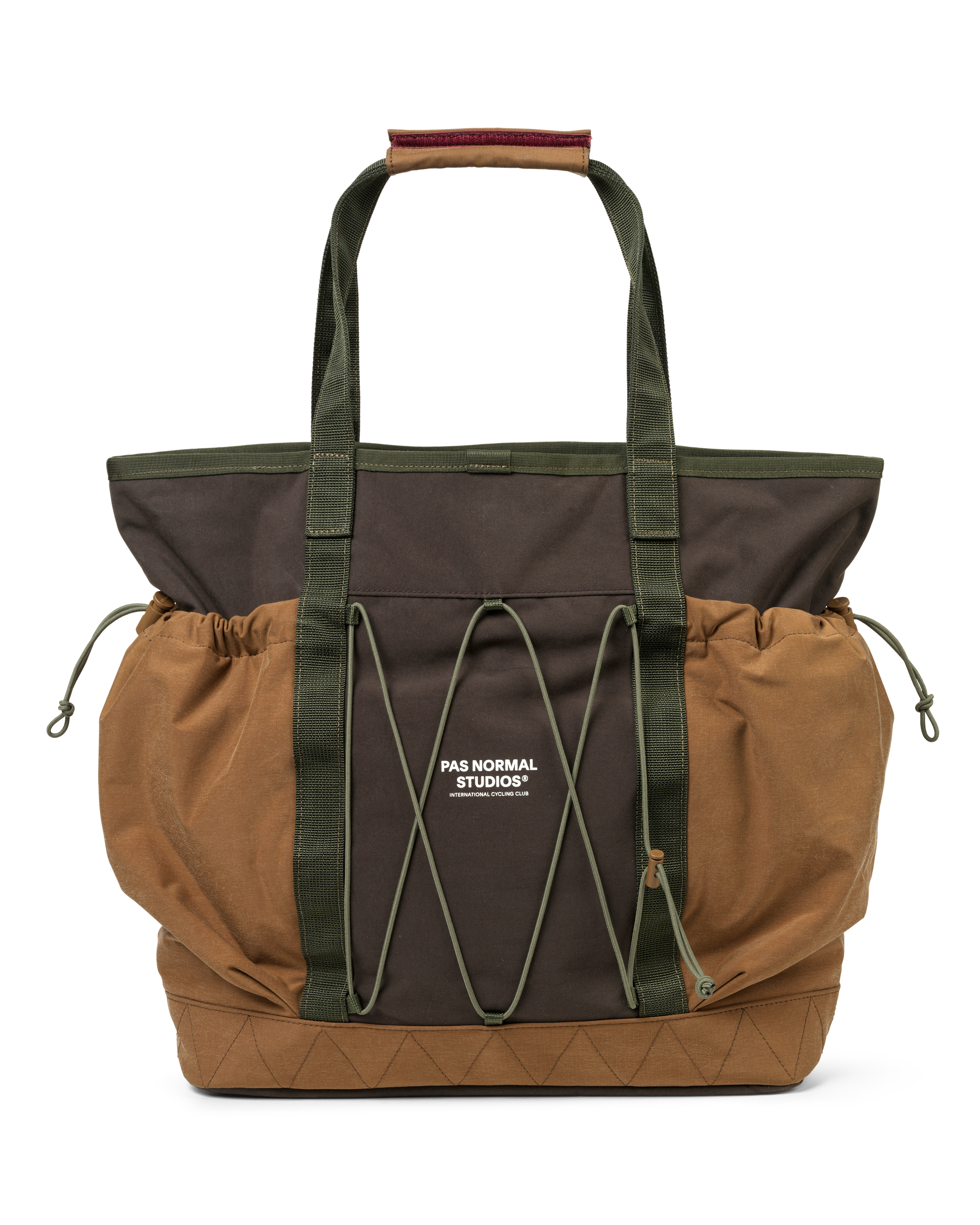 Light Brown Porter-Yoshida tote bag, front view with dark brown panel, olive straps, and bungee cord lacing