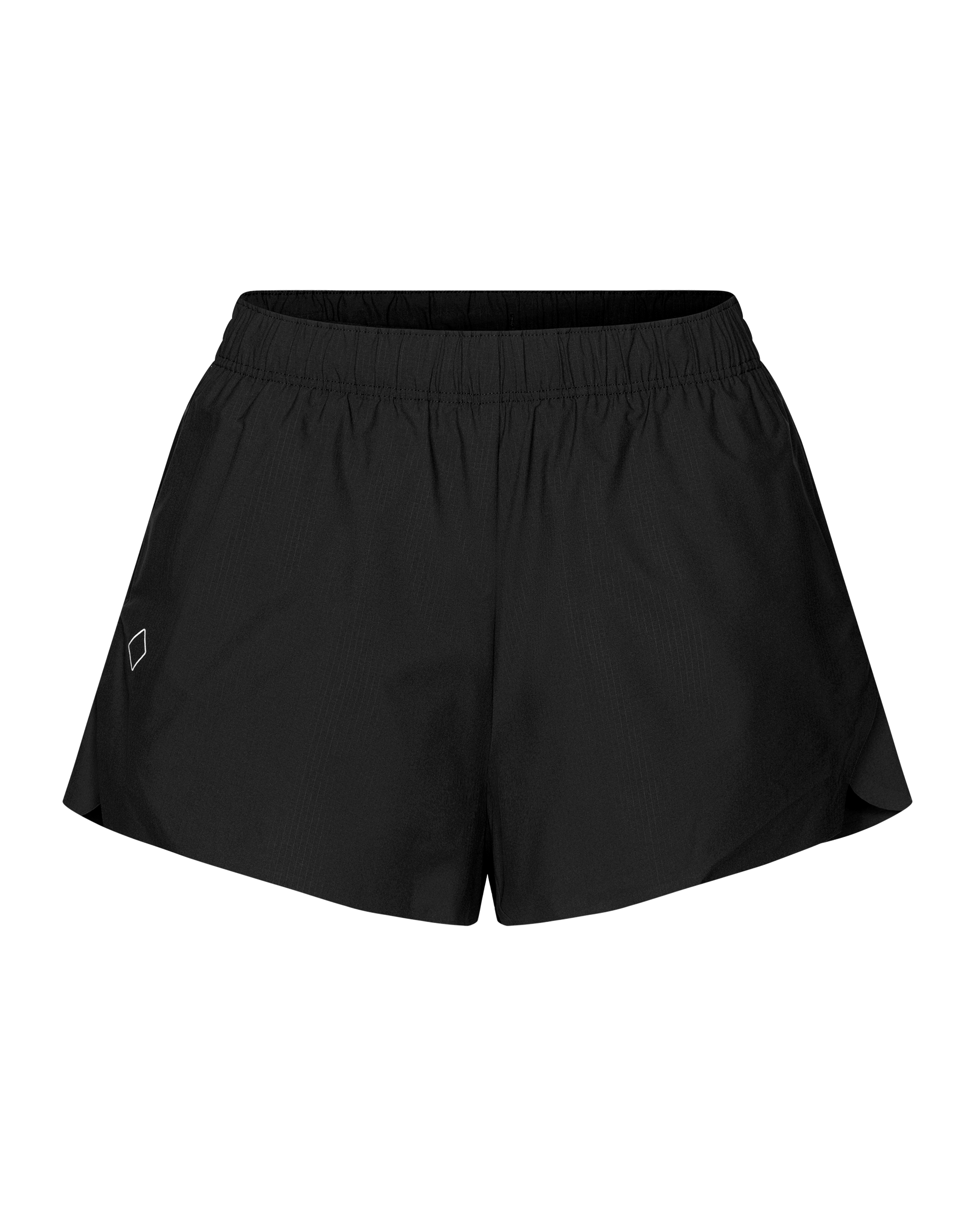 Black Balance women's shorts, front flat lay with elastic waistband and small logo badge
