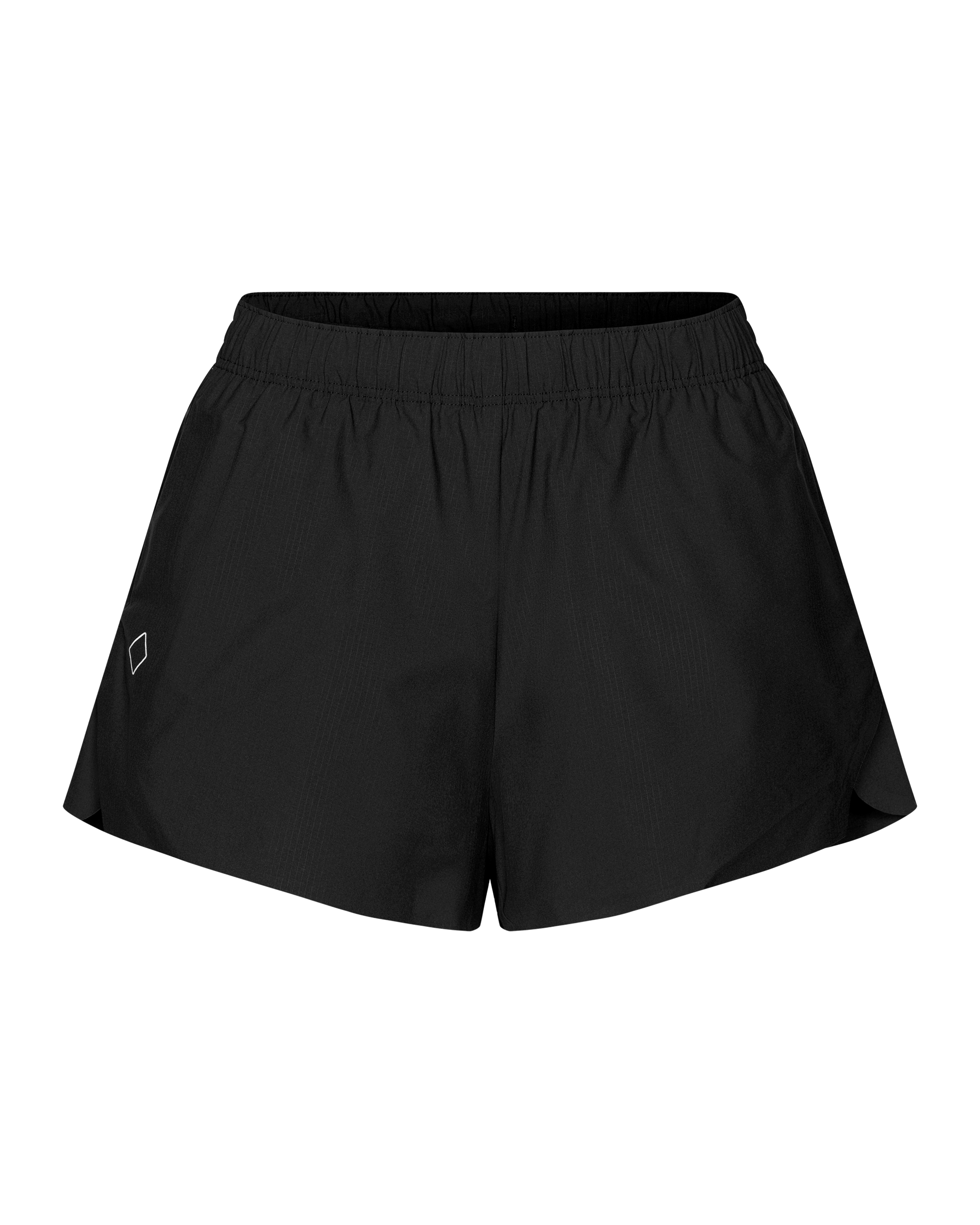Black Balance women's shorts, front flat lay with elastic waistband and small logo badge