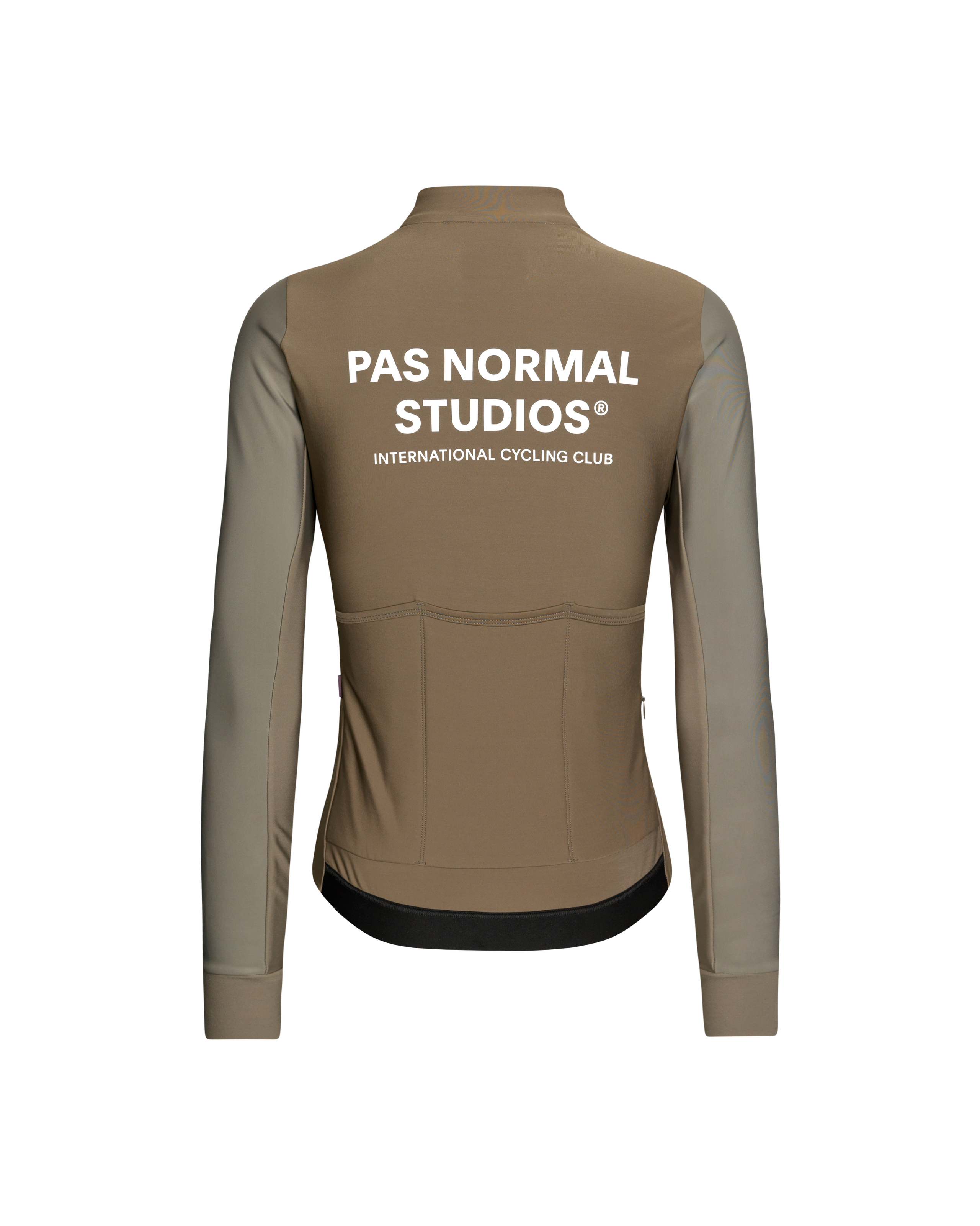 Brown Mechanism Thermal long sleeve cycling jersey, rear view with white logo print