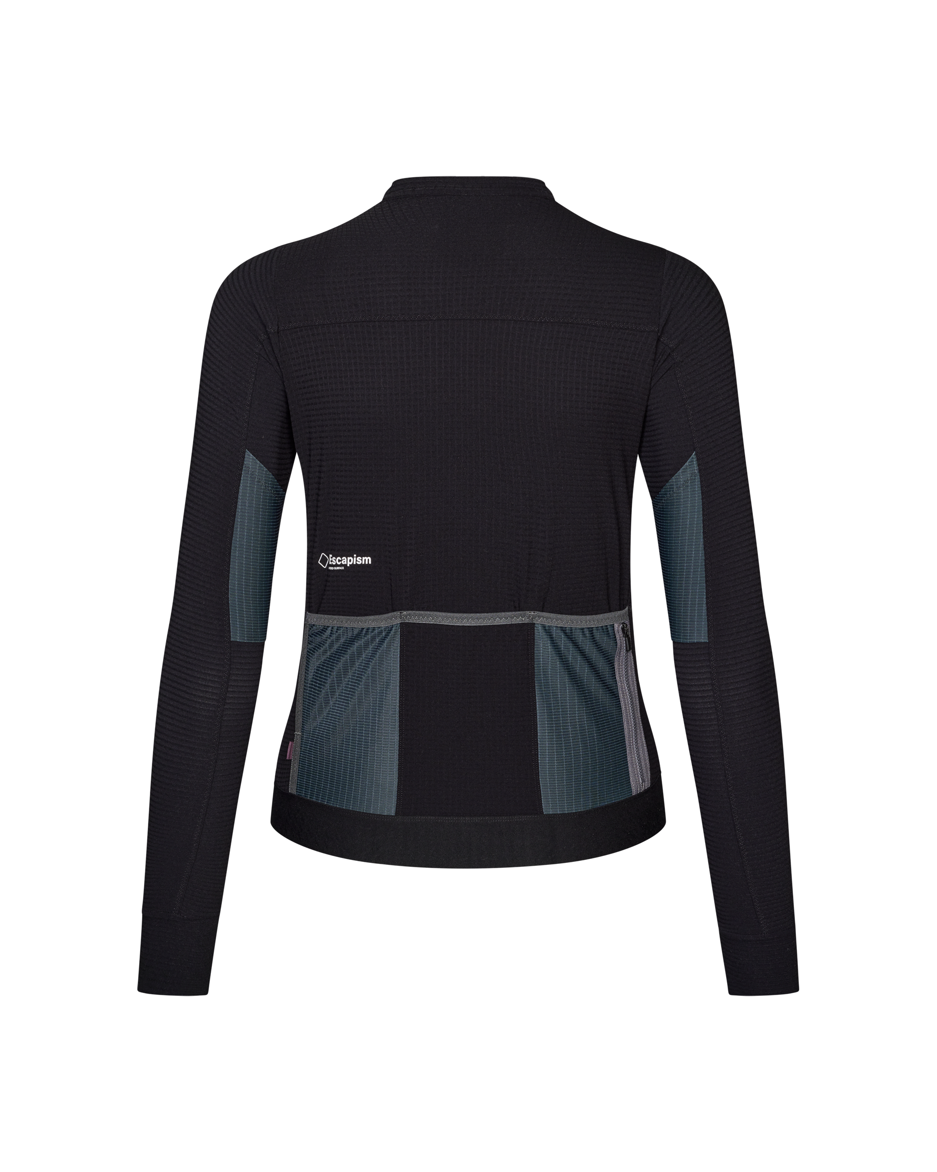 Black Escapism long sleeve cycling jersey, rear view with blue mesh side panels and three rear pockets