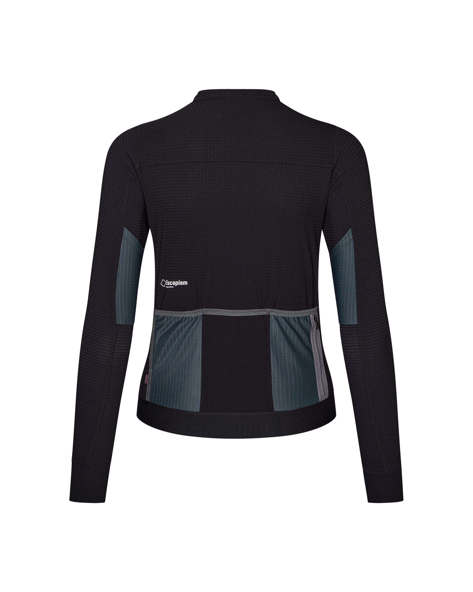 Black Escapism long sleeve cycling jersey, rear view with blue mesh side panels and three rear pockets