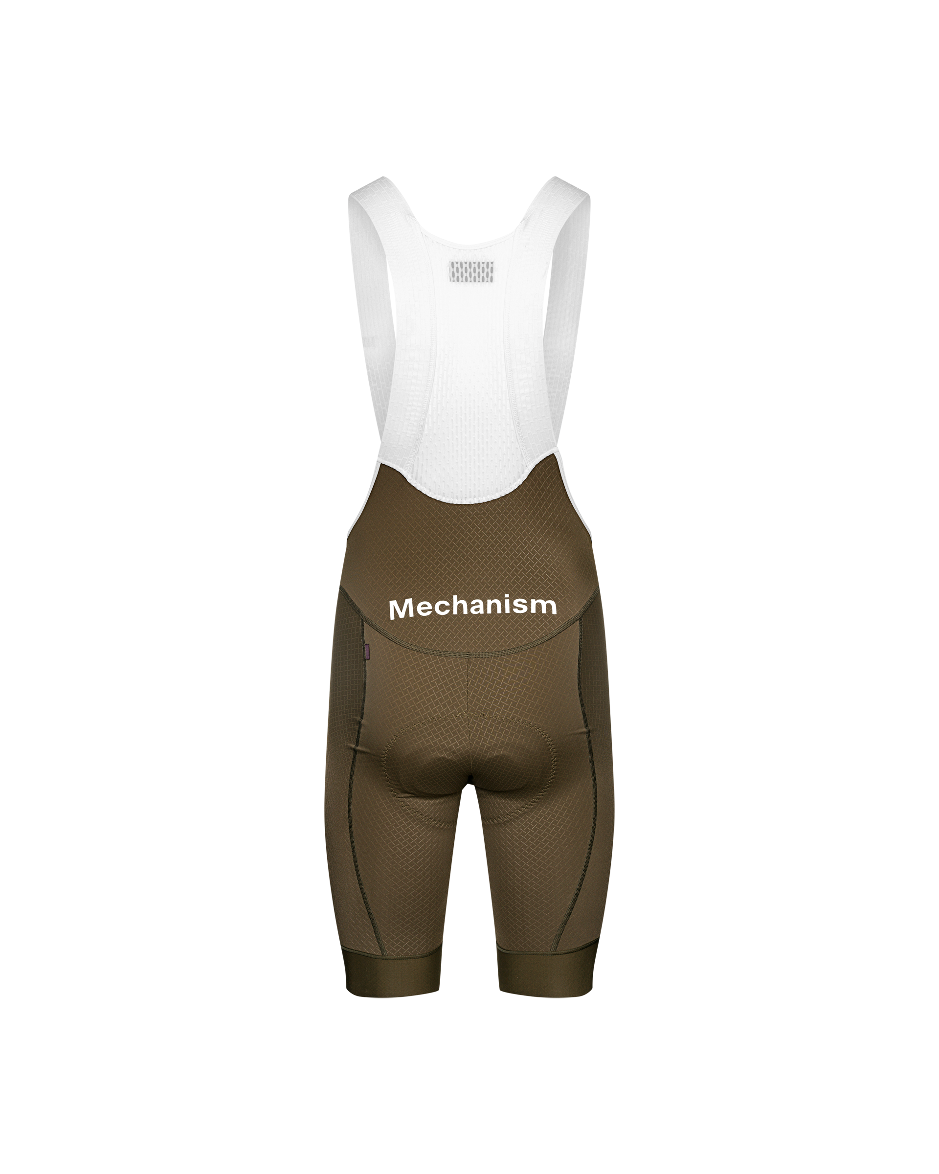 Brown Mechanism cycling bibs, rear view with white mesh straps and textured fabric panels