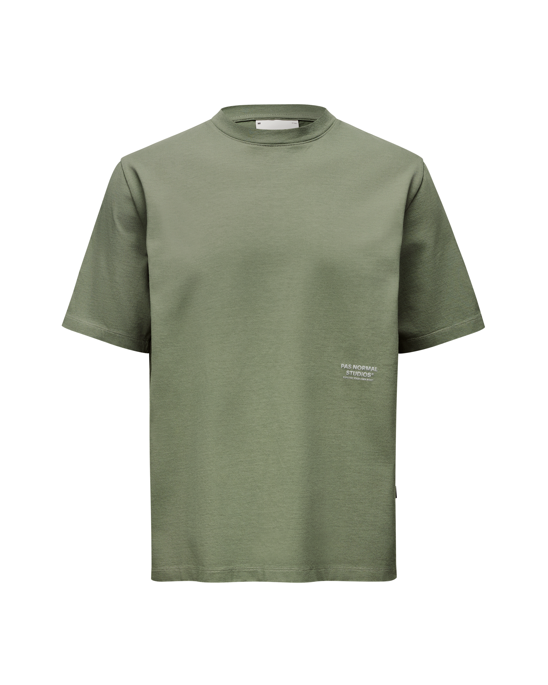 Green Off-Race t-shirt, front view with small white logo print