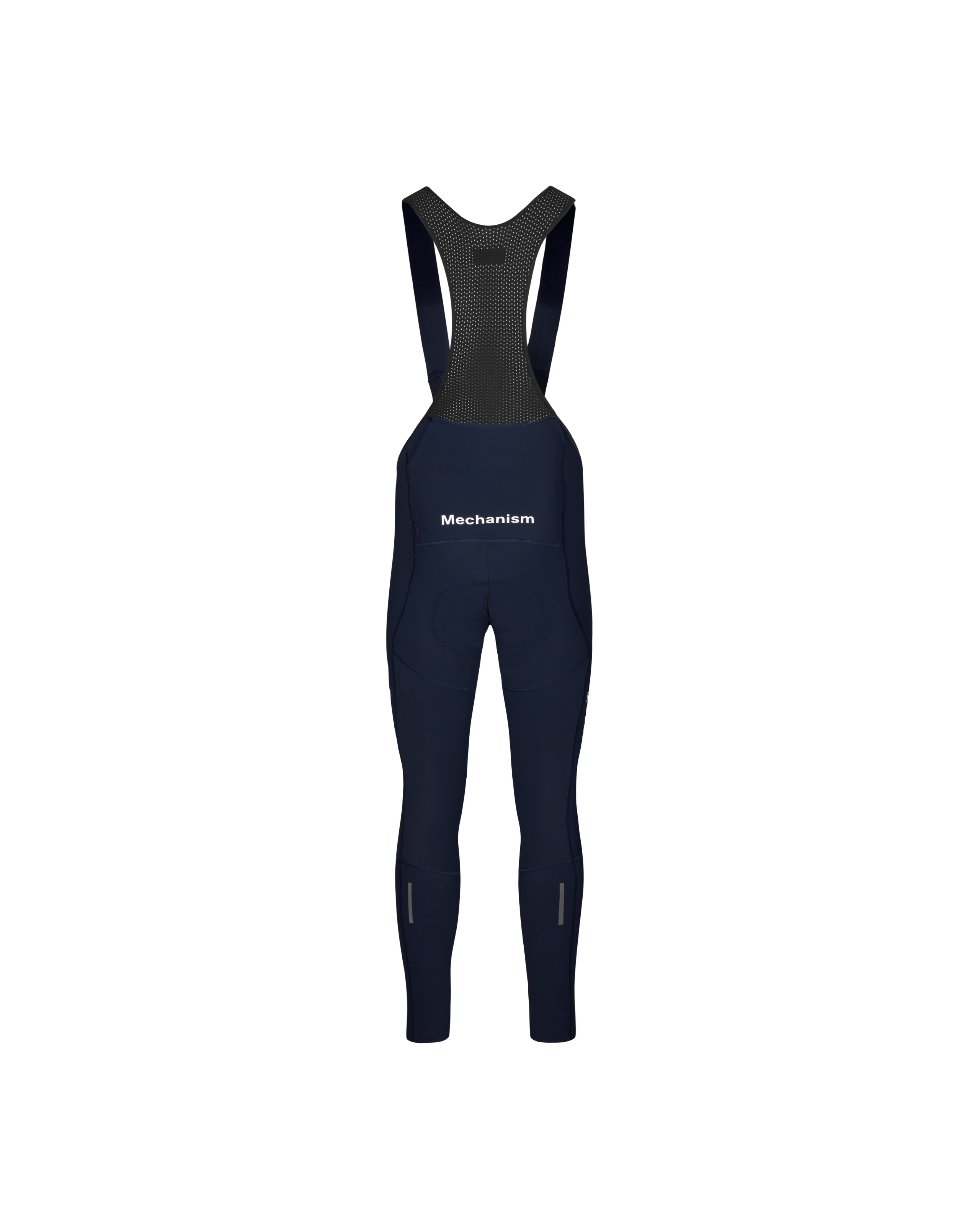 Navy Mechanism Deep Winter Long cycling bibs, front flat lay with mesh bib panel