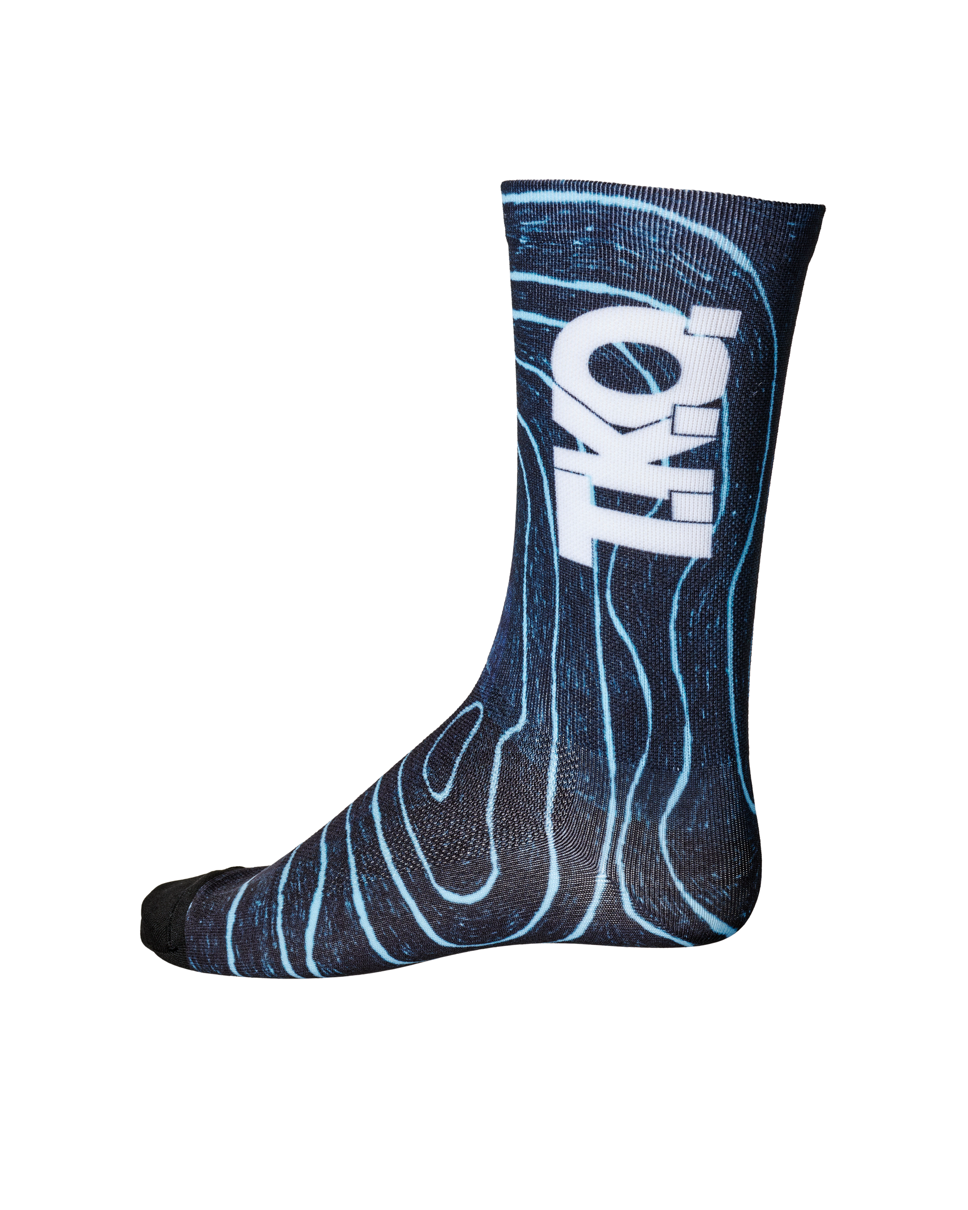 Blue T.K.O. Mechanism cycling socks, side view with blue topographic line print and white logo