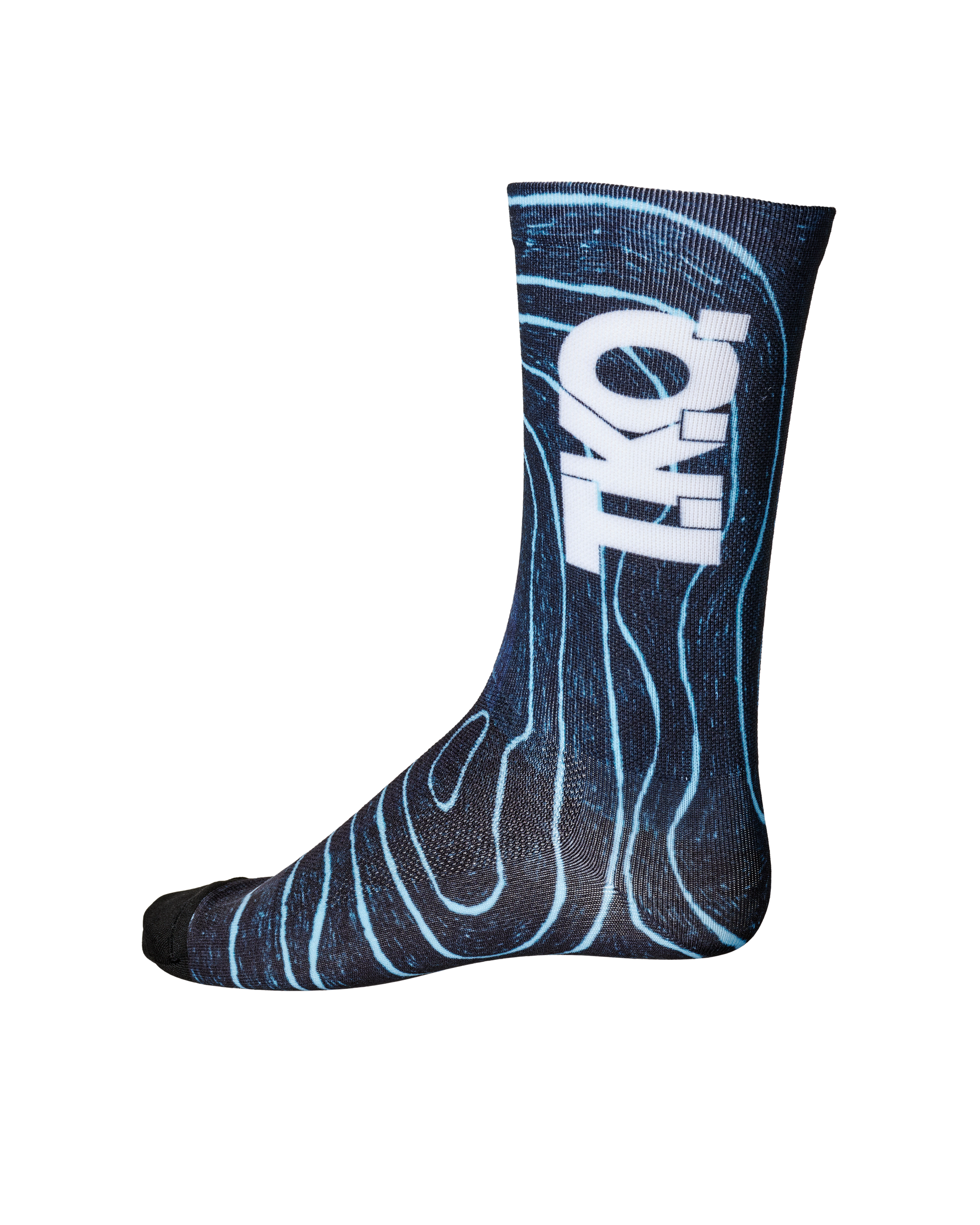 Blue T.K.O. Mechanism cycling socks, side view with blue topographic line print and white logo