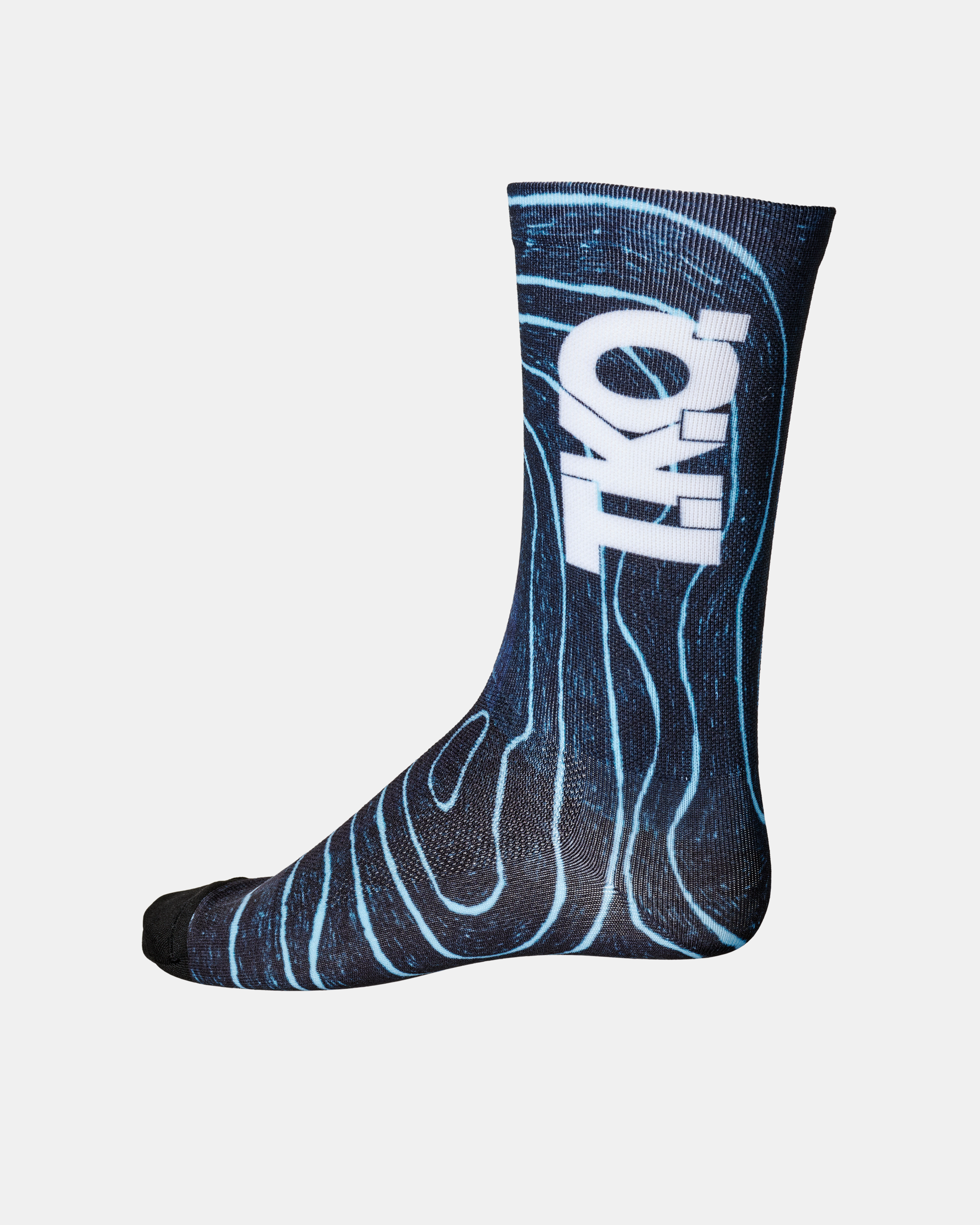 Blue T.K.O. Mechanism cycling socks, side view with blue topographic line print and white logo