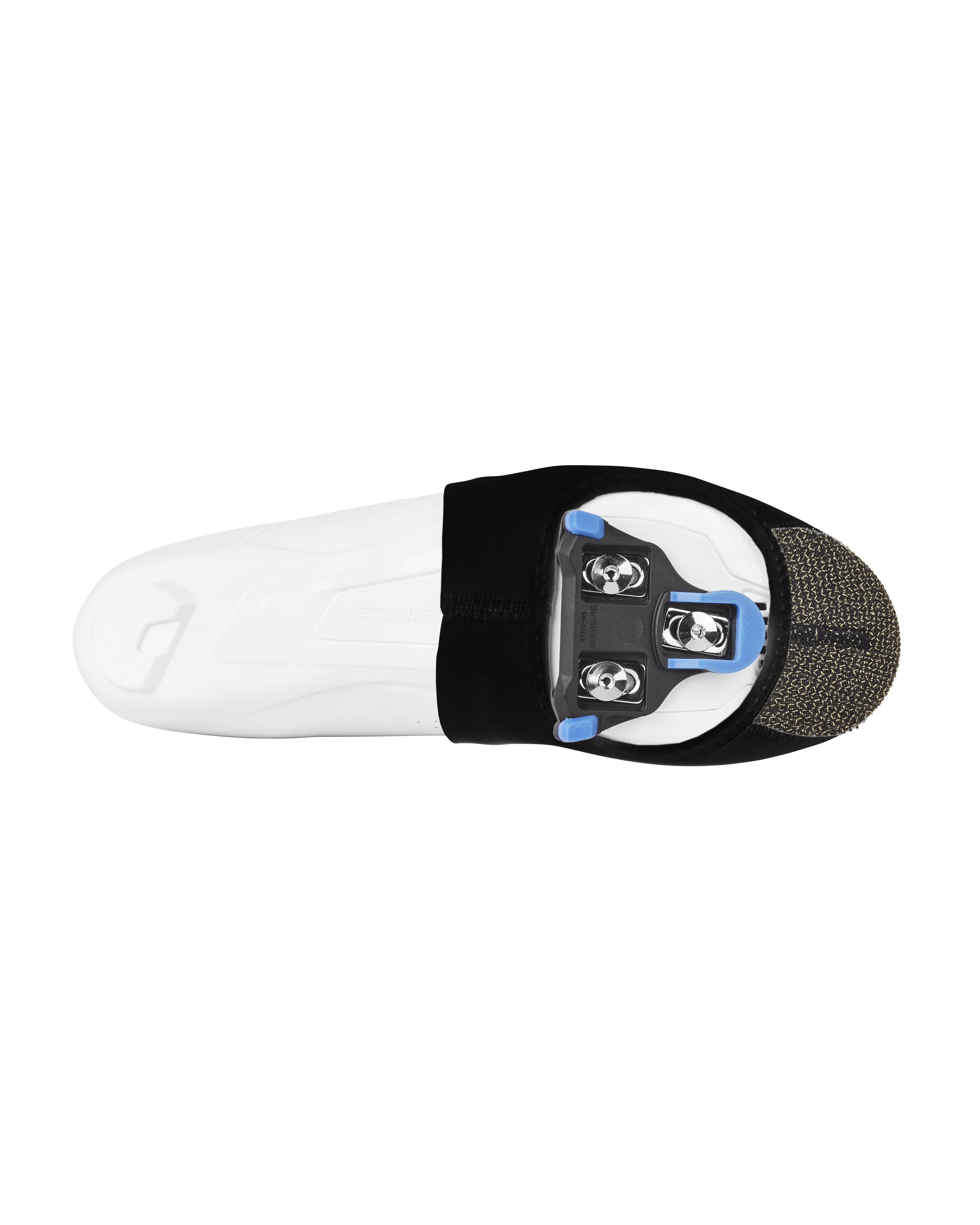 Black Logo toe cover, top view with textured toe cap and three-bolt cleat opening
