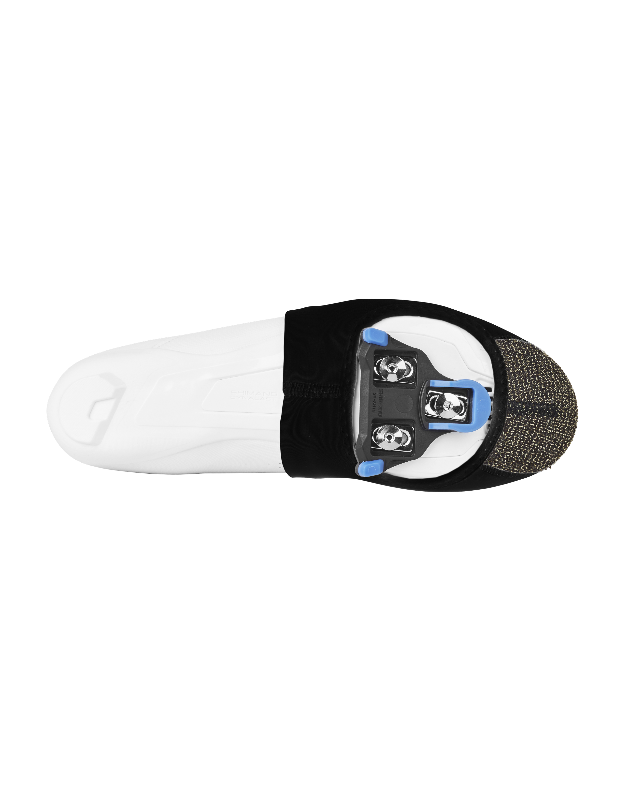 Black Logo toe cover, top view with textured toe cap and three-bolt cleat opening