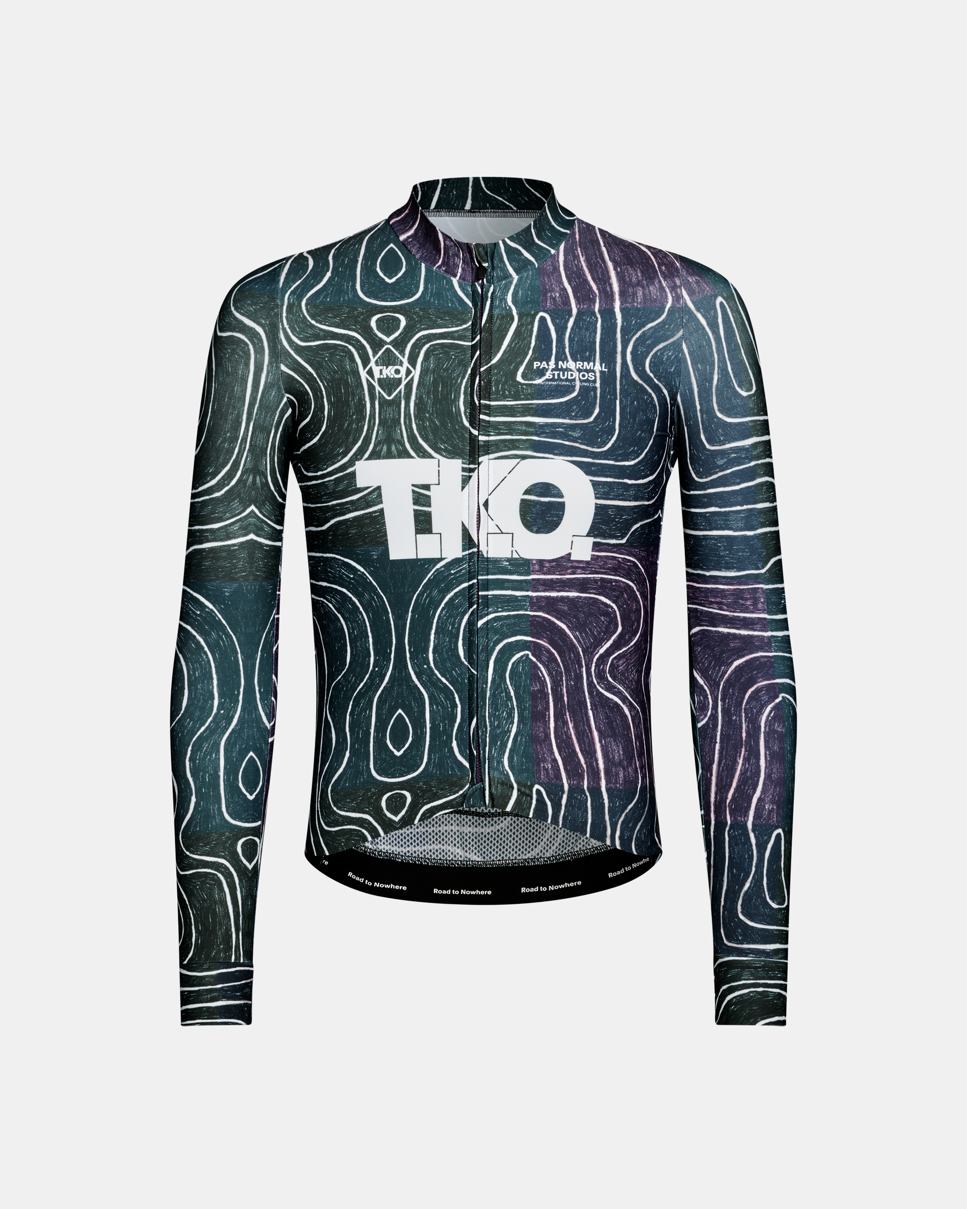 Black Multi T.K.O. Mechanism long sleeve cycling jersey, front flat lay with topographic all-over print and white chest logo