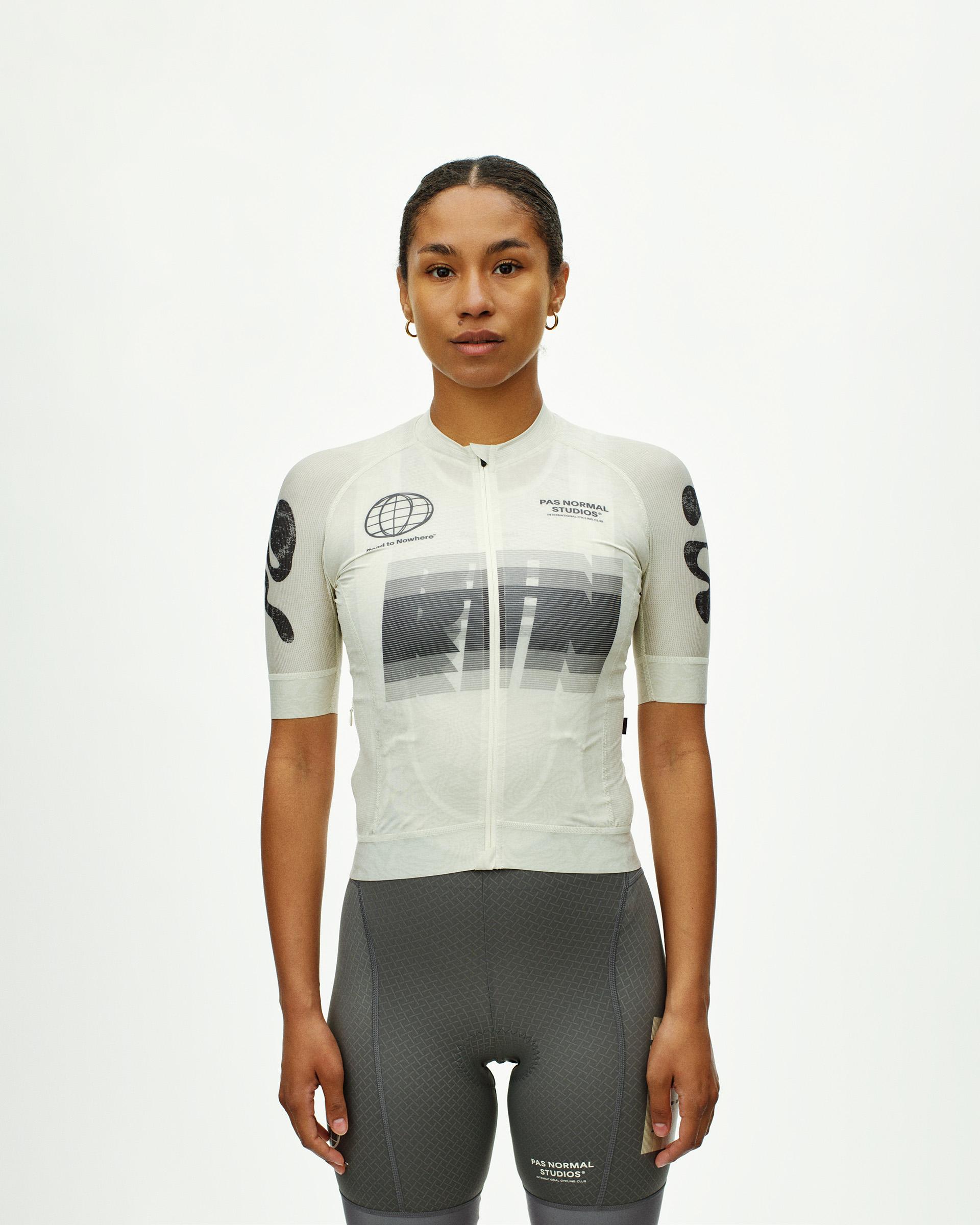 Off White Mechanism Logo women's cycling jersey, front view on model with large RTN graphic print