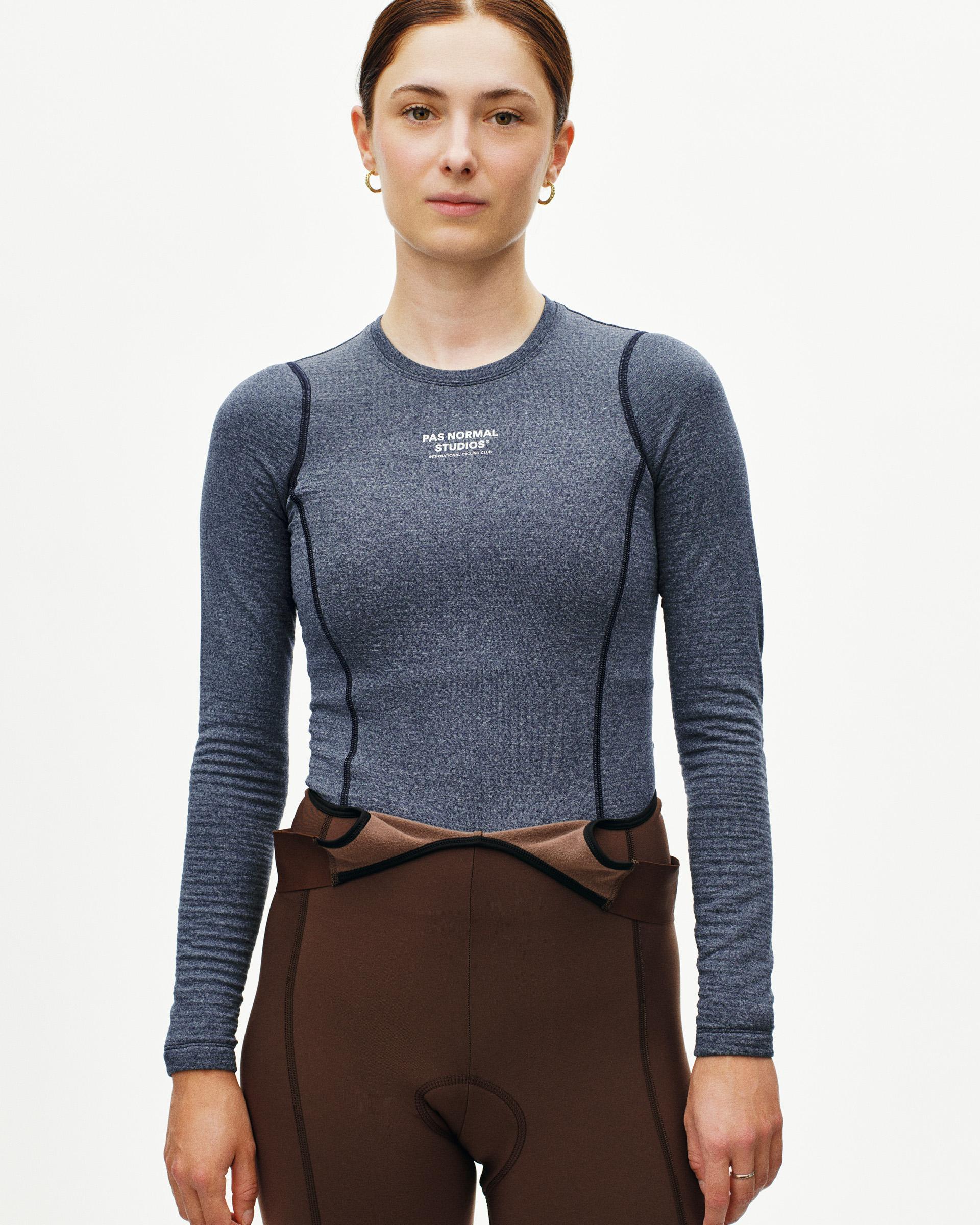 Navy thermal long sleeve base layer on model with contrast seaming
