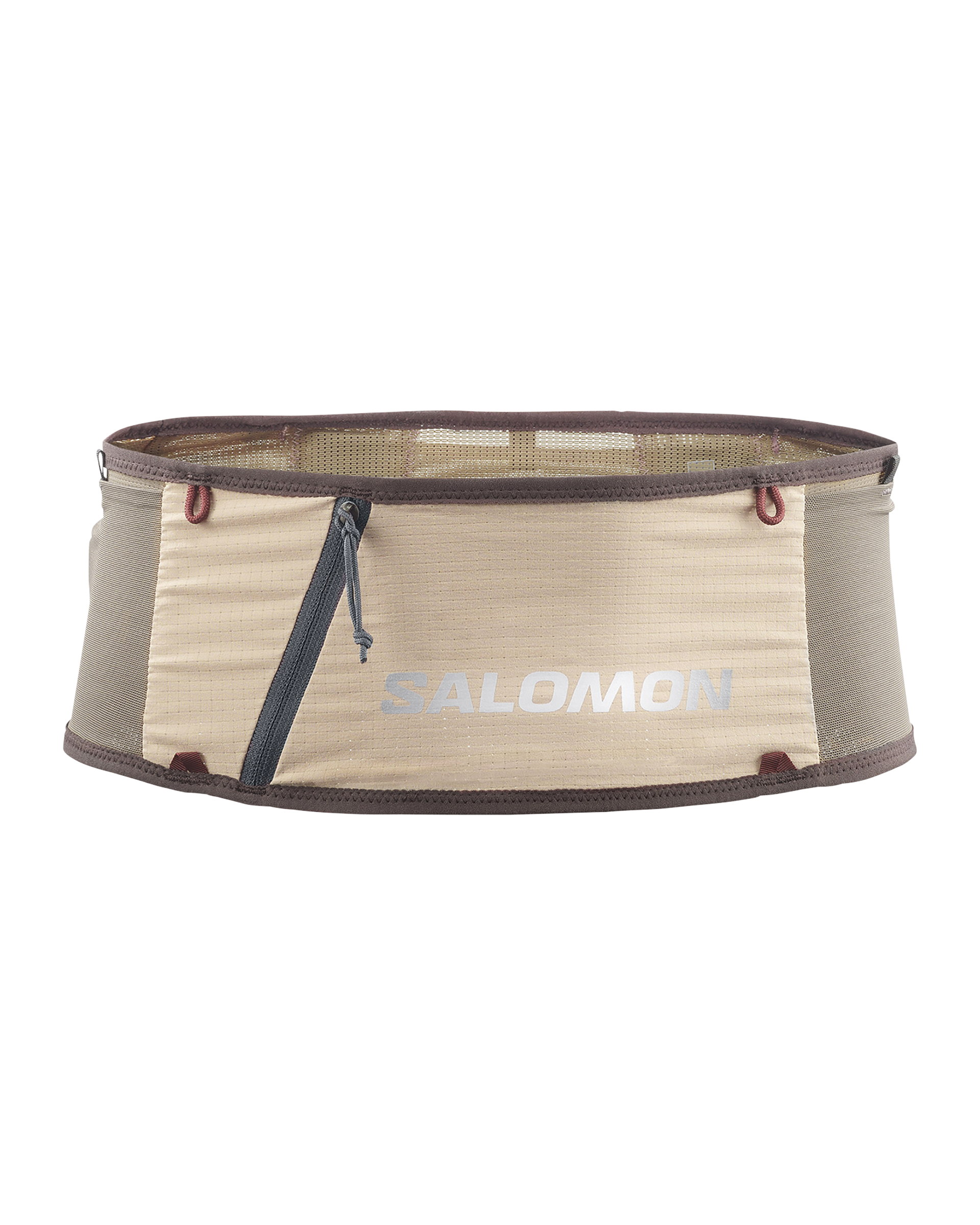 Light Brown Salomon S/LAB belt, front flat lay with diagonal zip pocket and mesh top panel