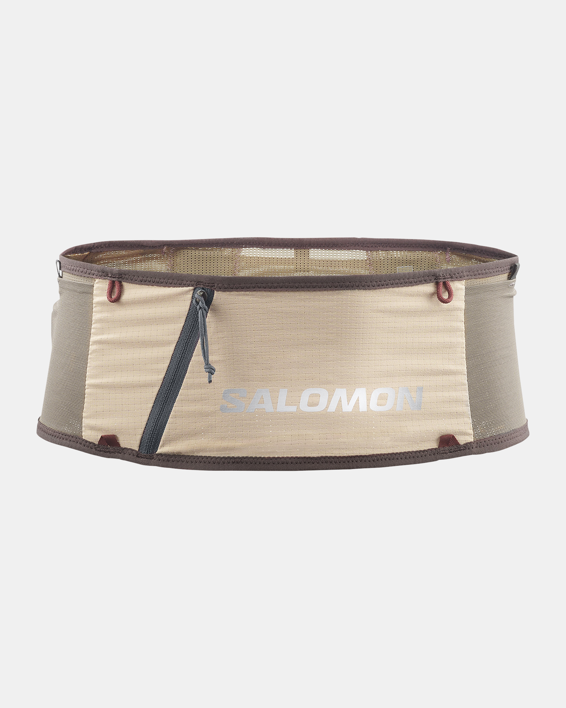 Light Brown Salomon S/LAB belt, front flat lay with diagonal zip pocket and mesh top panel