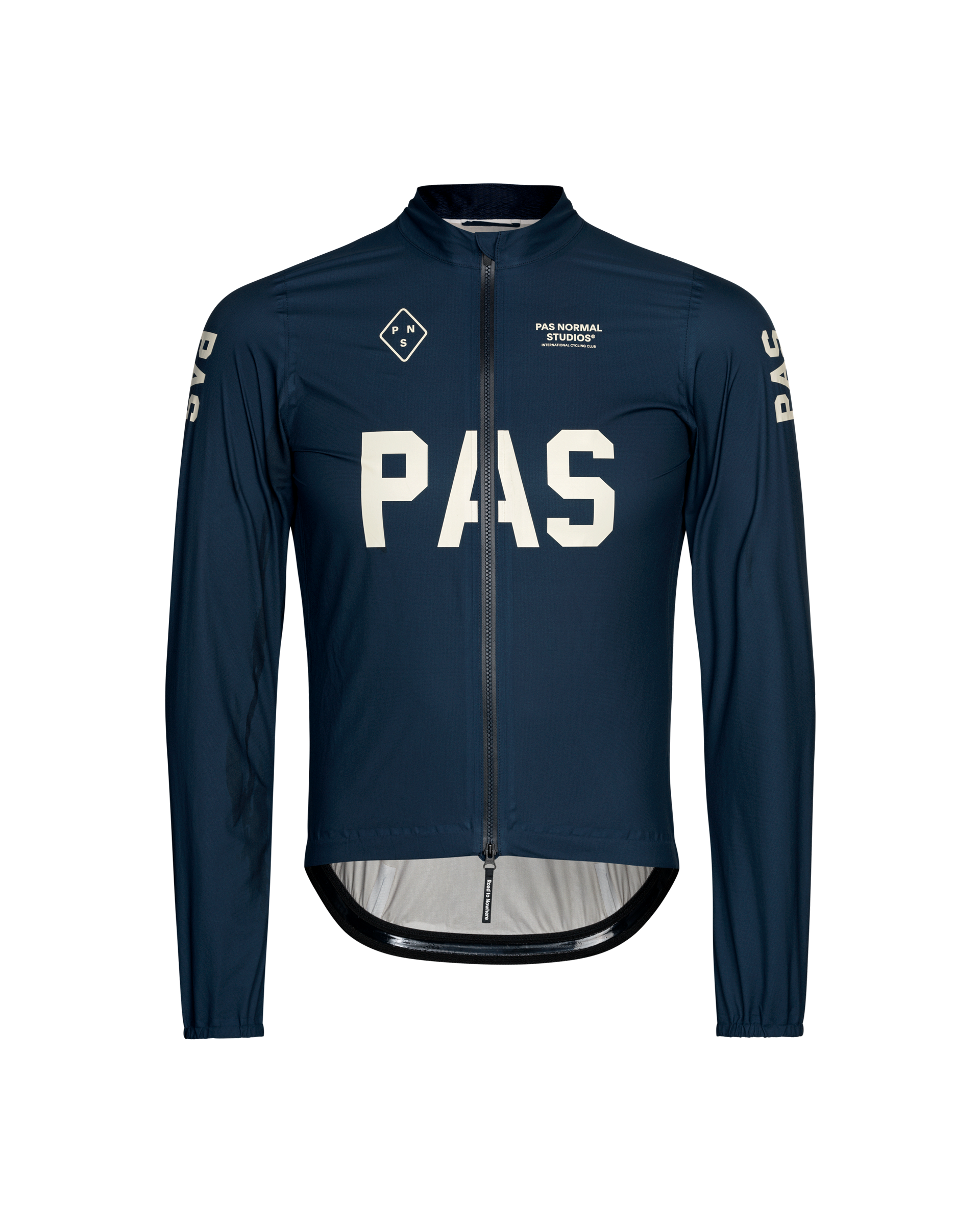 Navy PAS Mechanism Rain cycling jacket, front view with large white chest logo