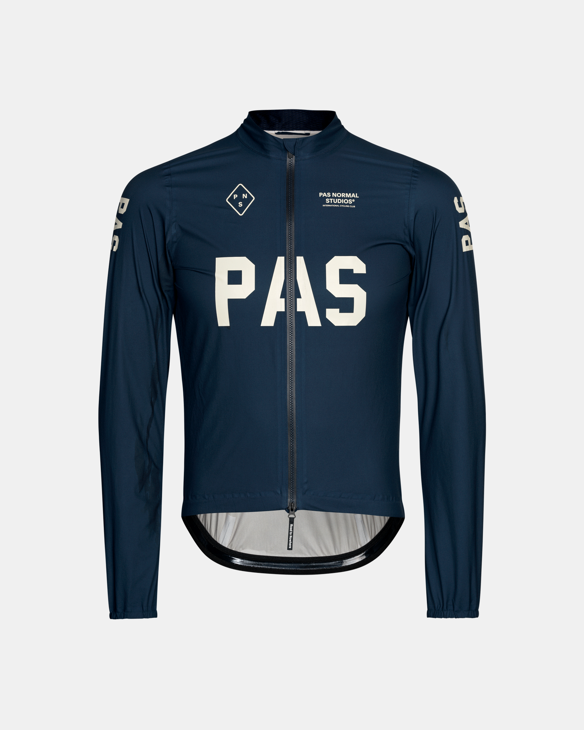 Navy PAS Mechanism Rain cycling jacket, front view with large white chest logo