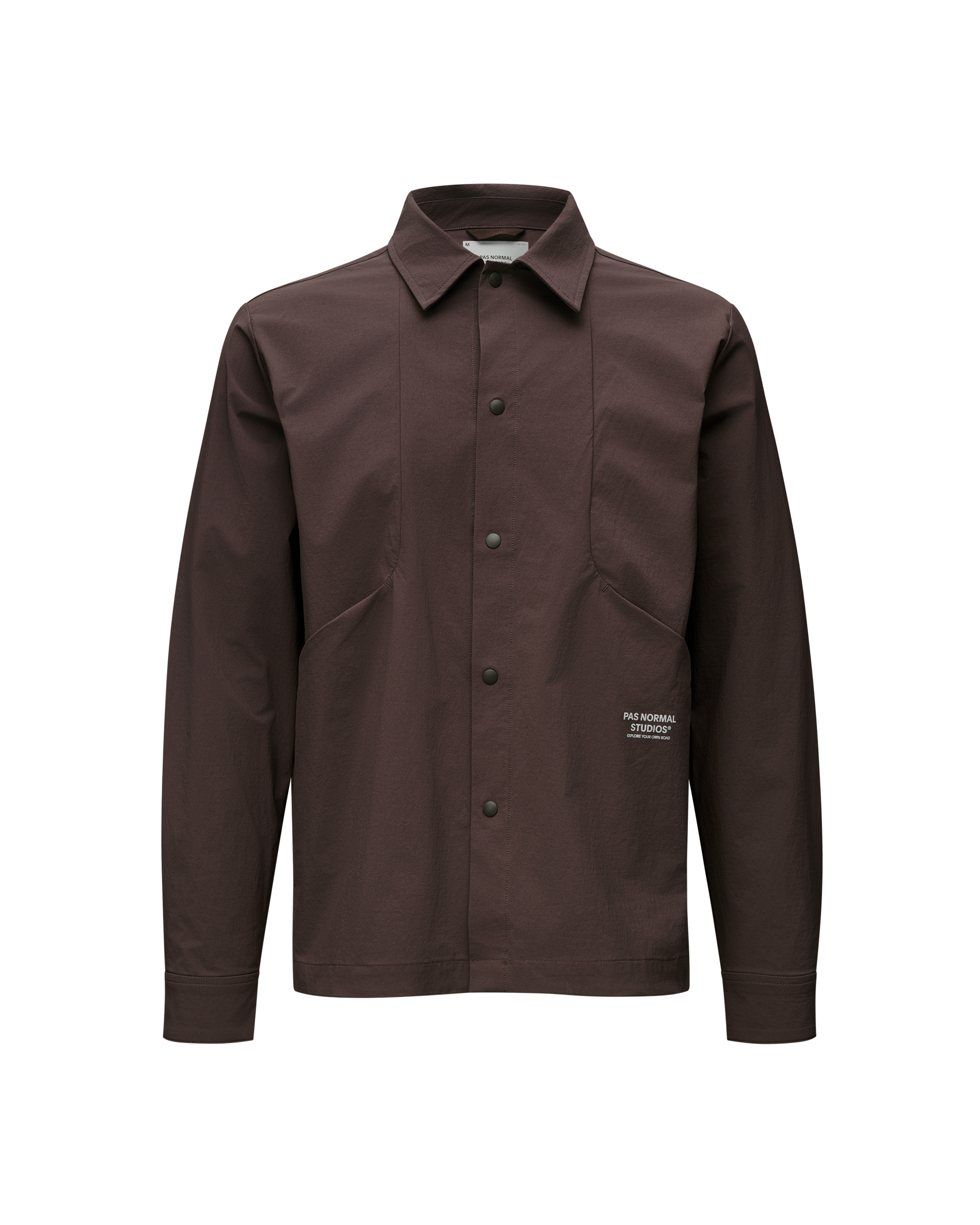 Dark Purple Off-Race Tech Overshirt, front view with snap button closure and chest pockets