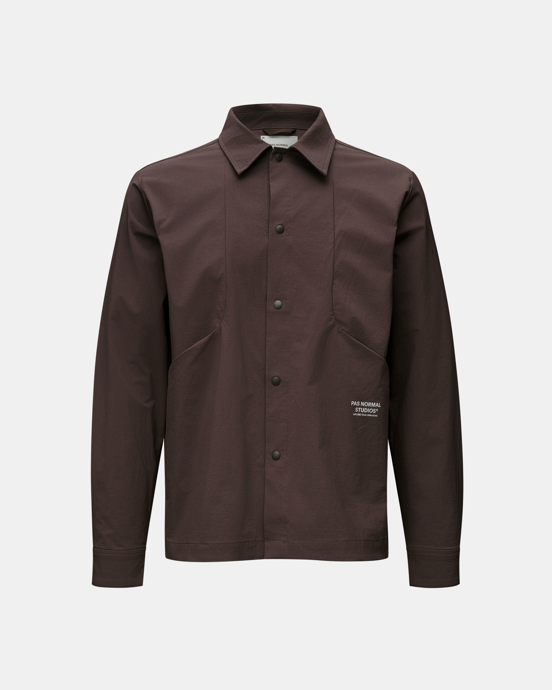 Dark Purple Off-Race Tech Overshirt, front view with snap button closure and chest pockets
