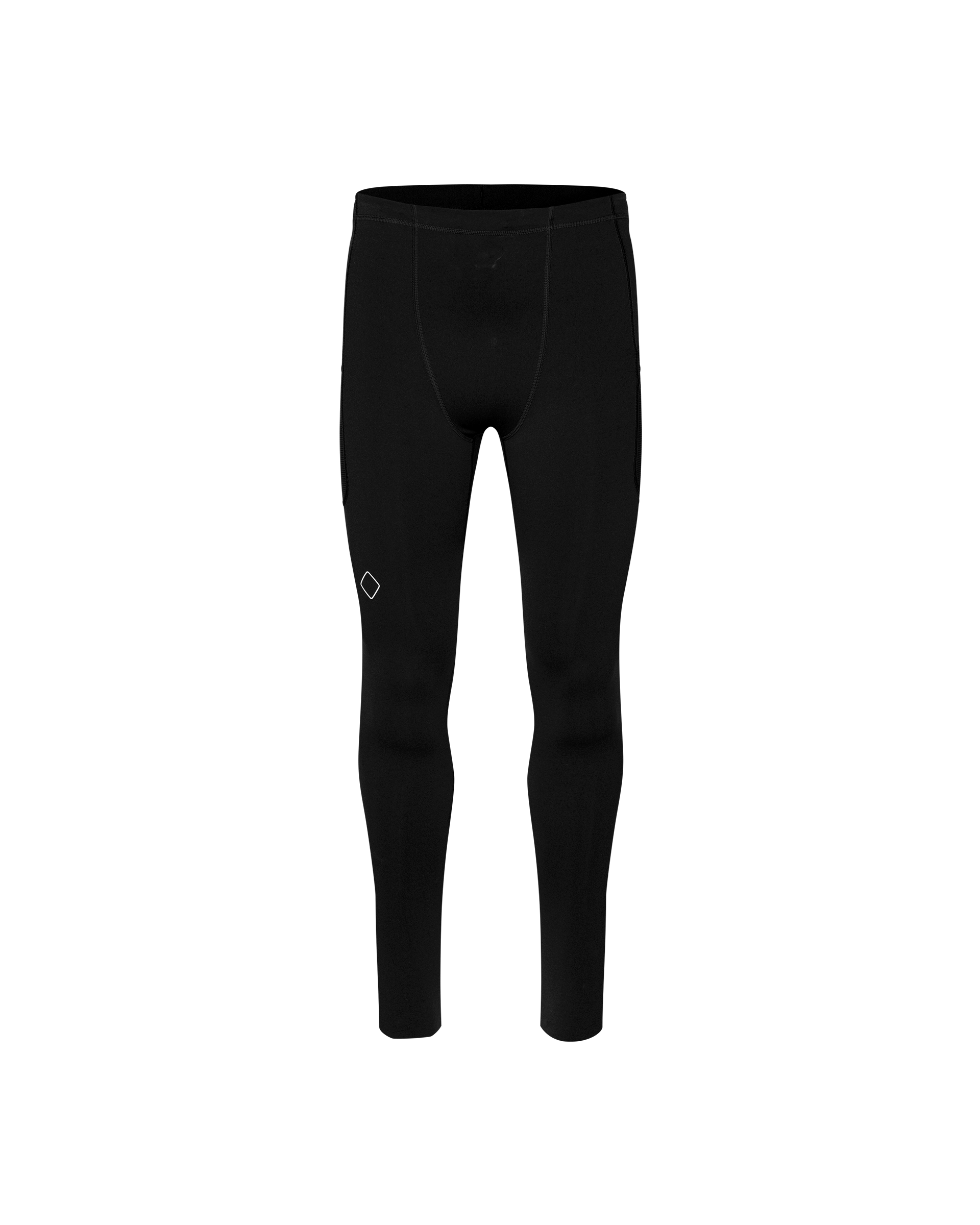 Black Balance long cycling tights, front flat lay with diamond logo badge on thigh
