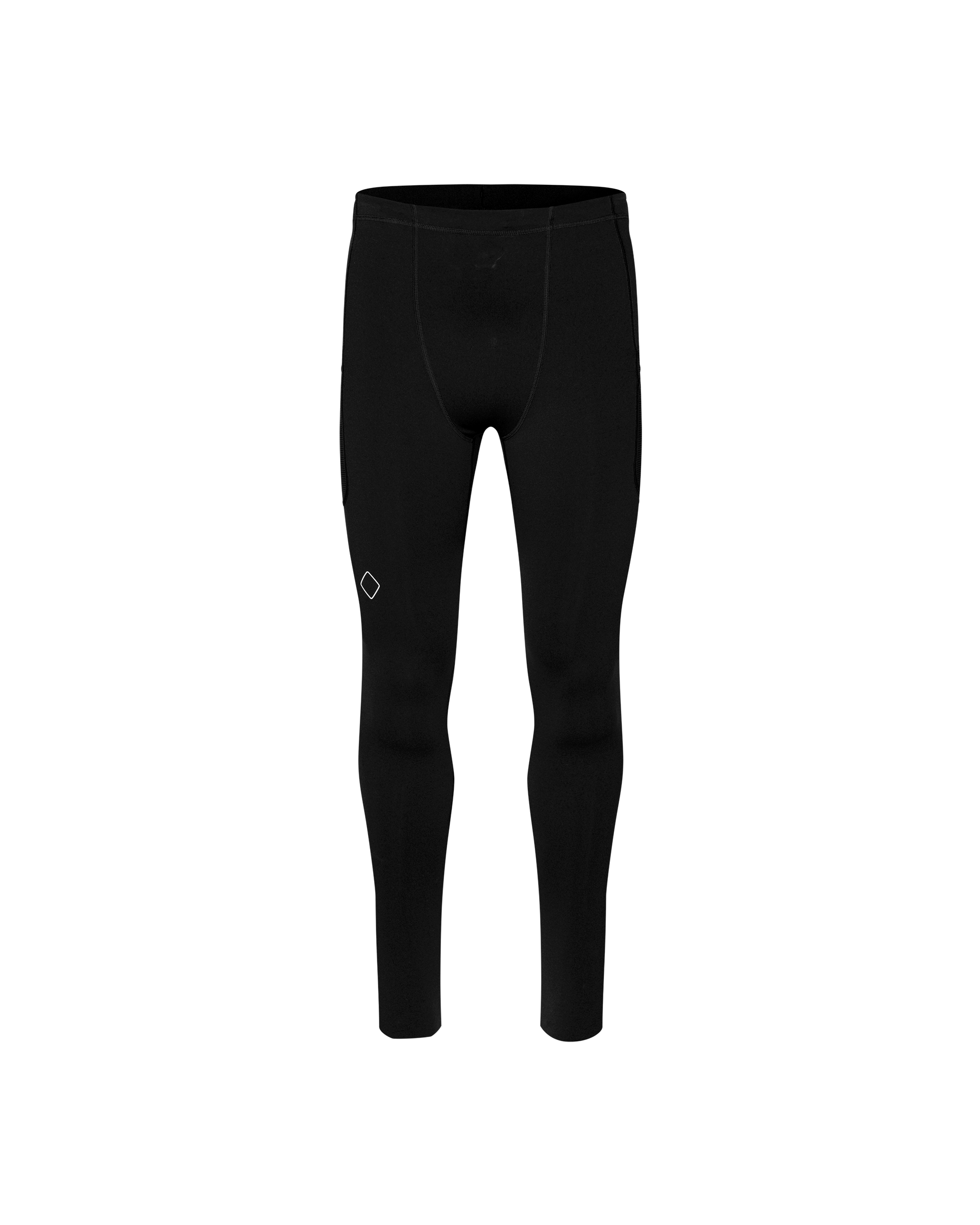 Black Balance long cycling tights, front flat lay with diamond logo badge on thigh