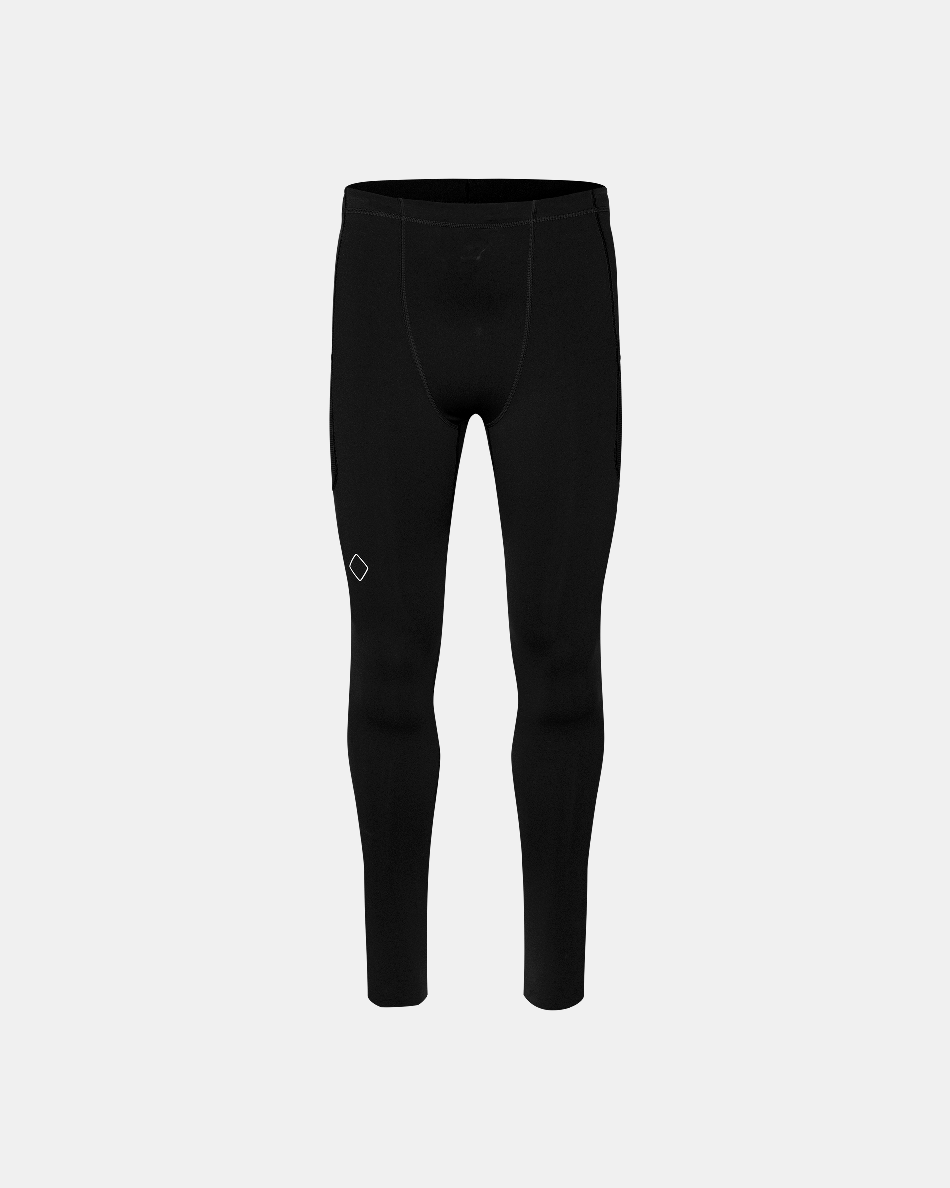 Black Balance long cycling tights, front flat lay with diamond logo badge on thigh