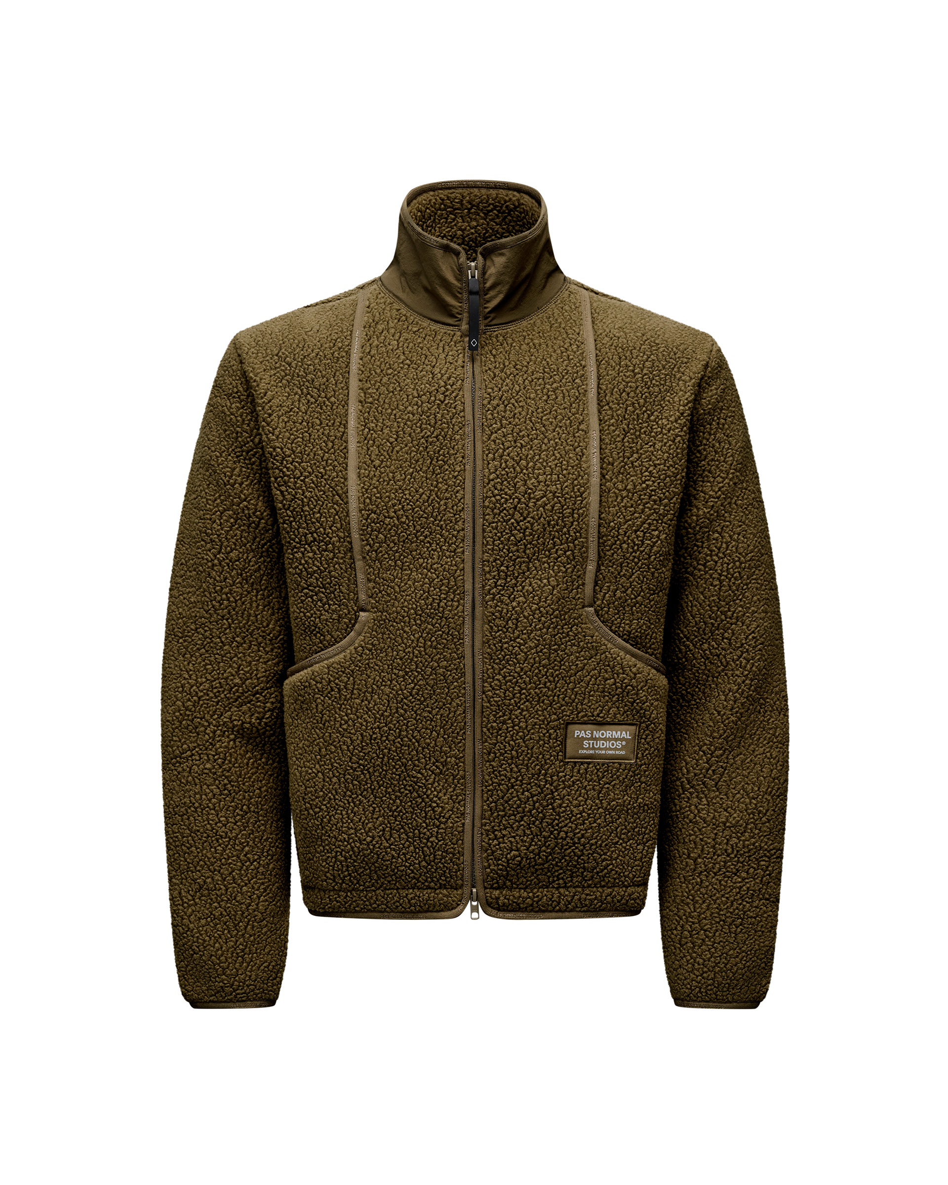 Deep Olive Off-Race Pile Fleece jacket, front flat lay with full zip and sherpa texture