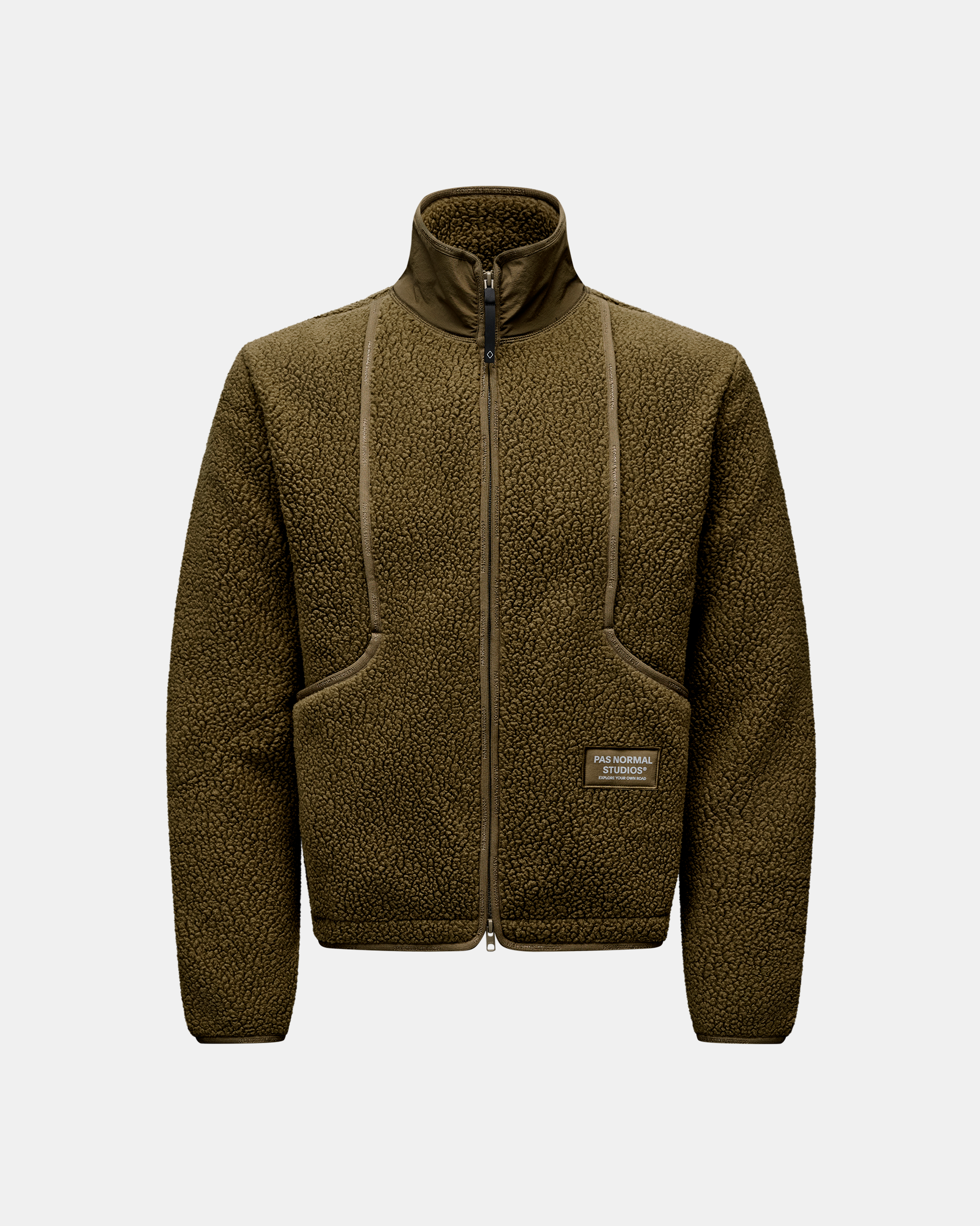 Deep Olive Off-Race Pile Fleece jacket, front flat lay with full zip and sherpa texture