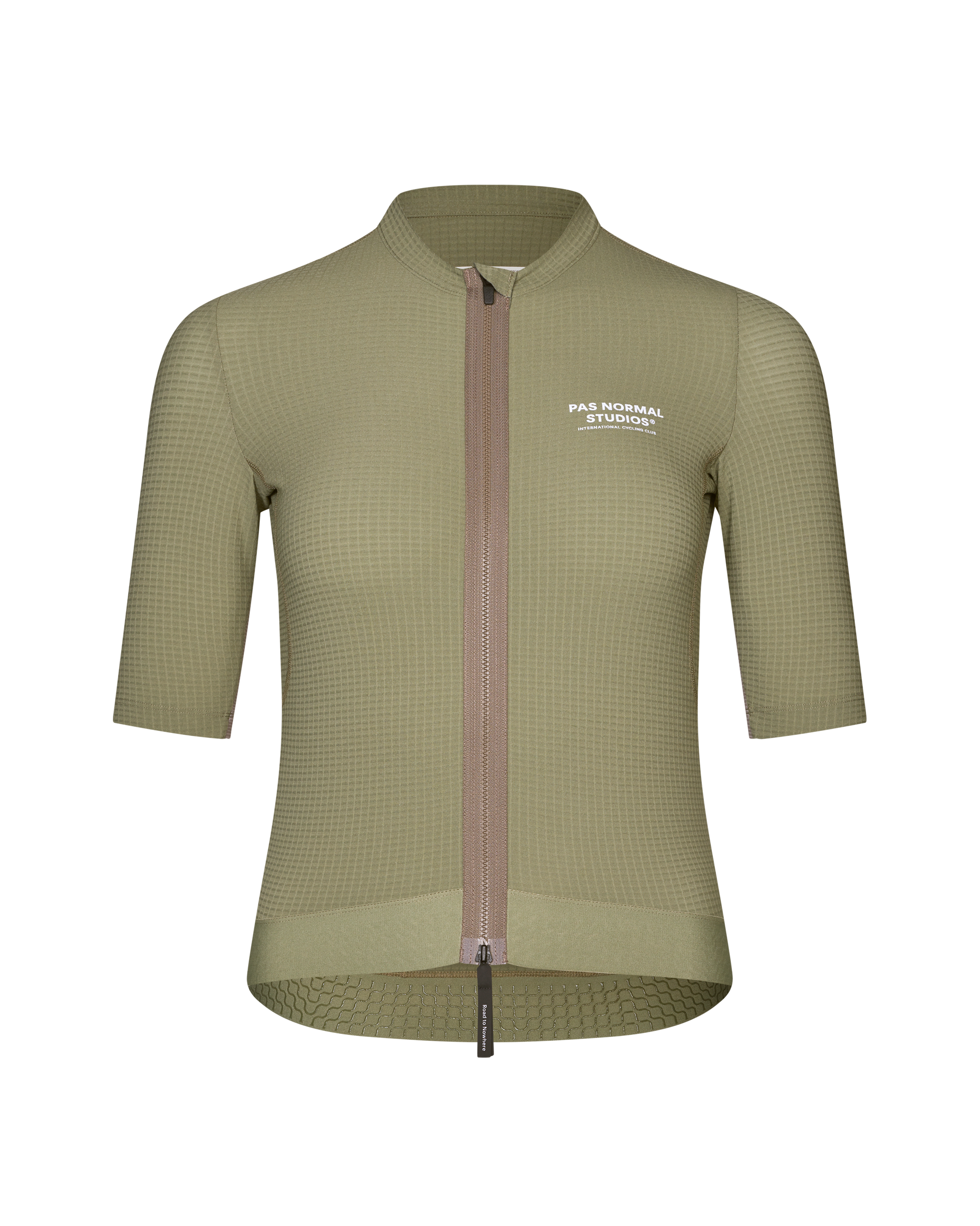 Light Olive Escapism cycling jersey, front view with textured fabric and contrast zip