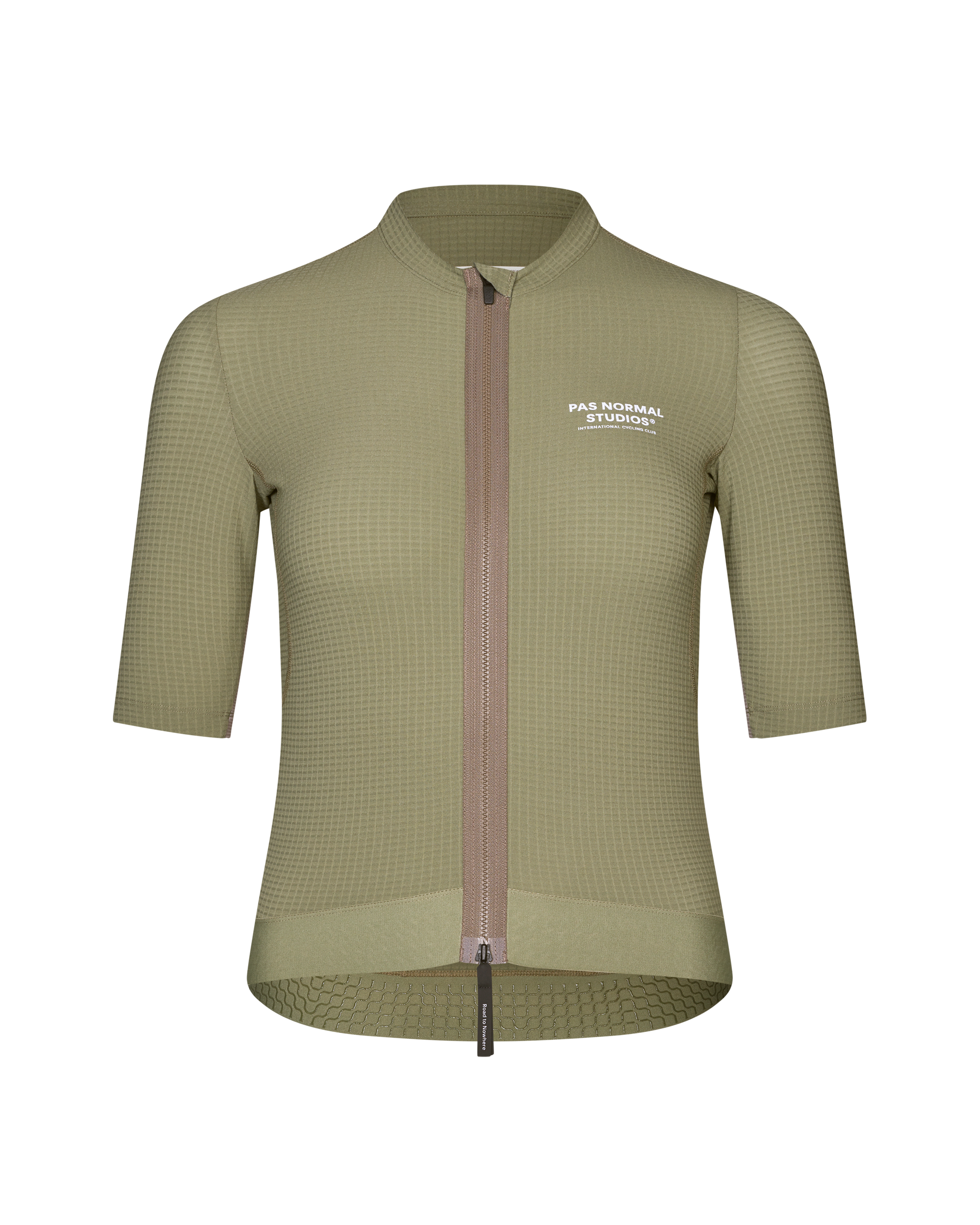 Light Olive Escapism cycling jersey, front view with textured fabric and contrast zip