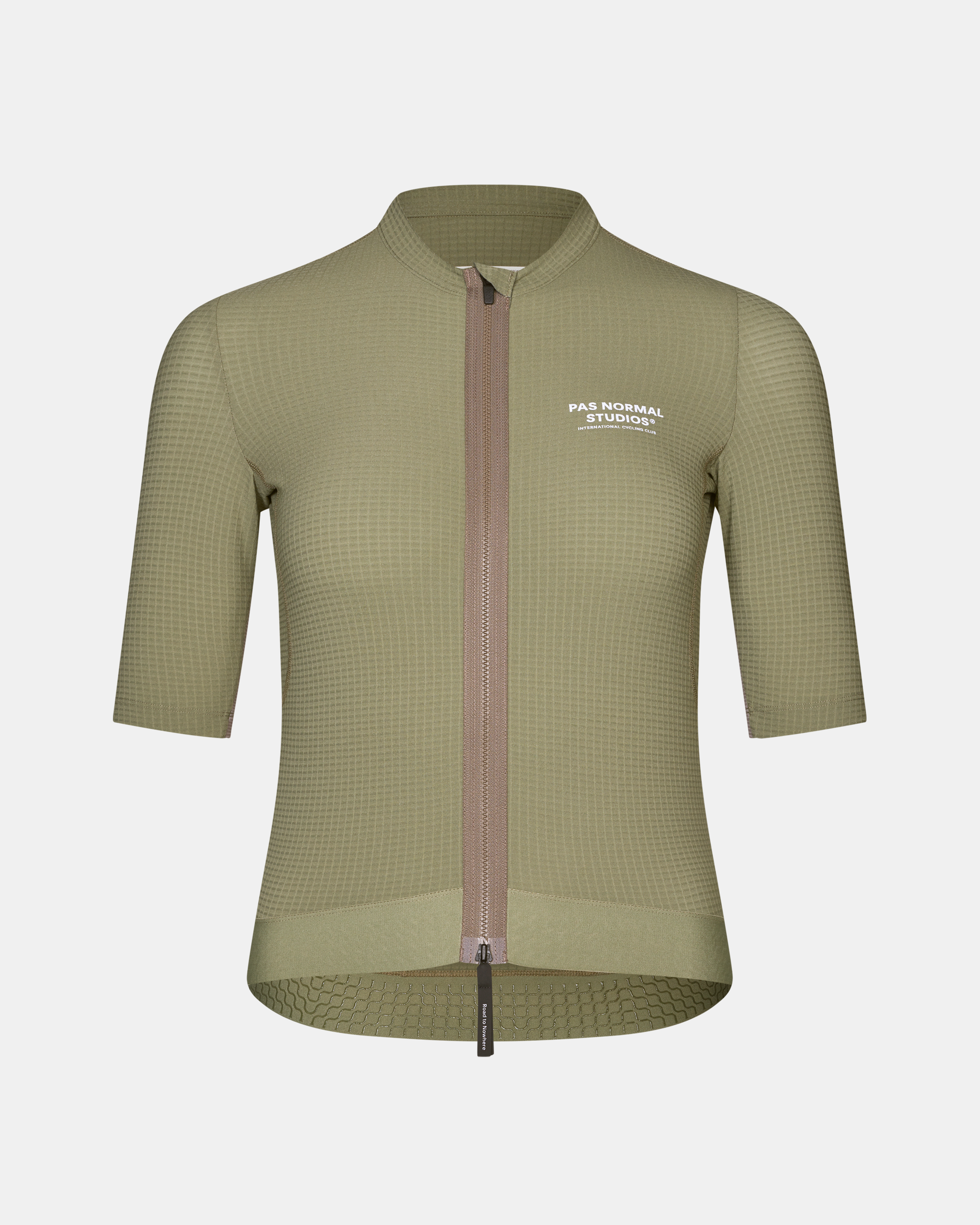 Light Olive Escapism cycling jersey, front view with textured fabric and contrast zip