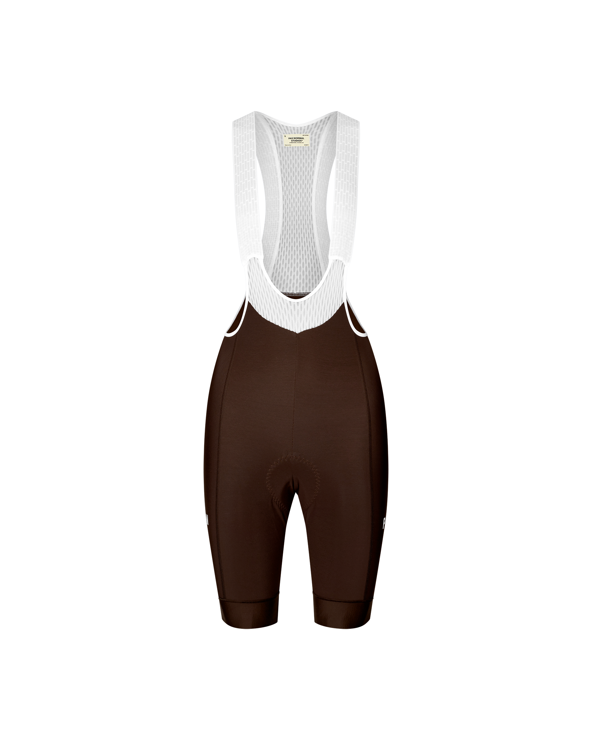 Dark Coffee Mechanism Thermal cycling bibs, front flat lay with white mesh bib straps